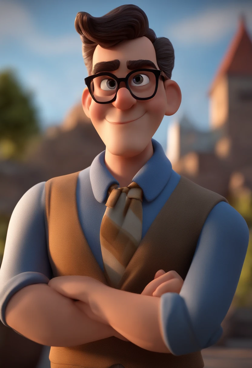 Cartoon character of a man with black glasses and a blue shirt, animation character, Caractere estilizado, animation style rendering, 3D estilizado, Arnold Maya render, 3 d render stylized, toon render keyshot, Personagem 3D, Personagem 3D, 3d rendering stylized, 3 d character render, personagem de desenho animado, Personagem de close up, Pose de personagem, (Estilo Pixar) (master part:1.2) (Bokeh) (best quality) (pele detalhada) (textura detalhada) (8k) (argila) (Cinematic lighting) (foco nítido