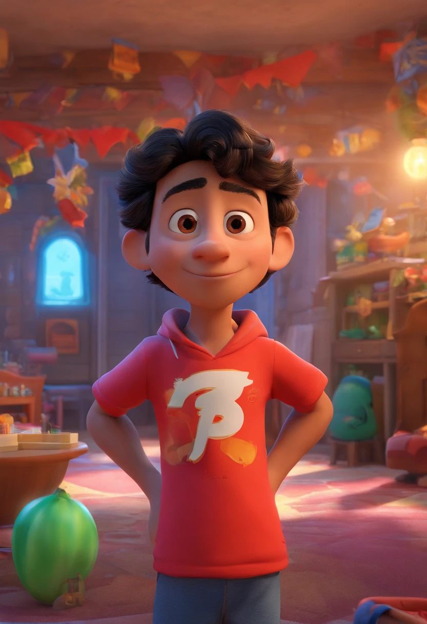 Crie um cartaz inspirado na Disney Pixar com o personagem sendo um jovem menino de terno preto gracata vermelha , A black-haired man without glasses, the scene will be in Pixar's distinctive digital art style. Focus on character expressions, Vibrant colors and detailed textures present your animations, with the title " Keniston Braga no meio, Quero a cena dos principais filmes do PIXar