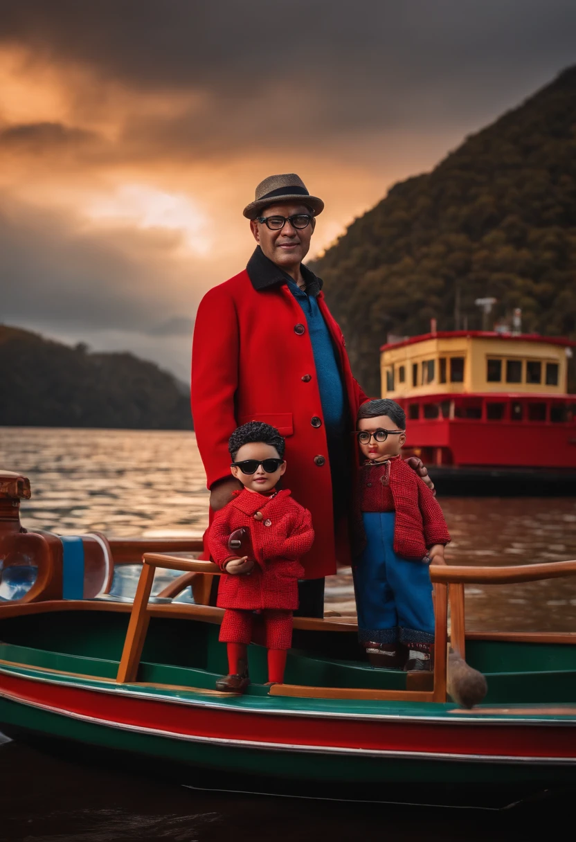 Father and son on an entertainment boat taking a photo with the father wearing a pair of prescription glasses and the son wearing a red coat and the father wearing a black shirt in the background, there are two Batati and Batatá dolls