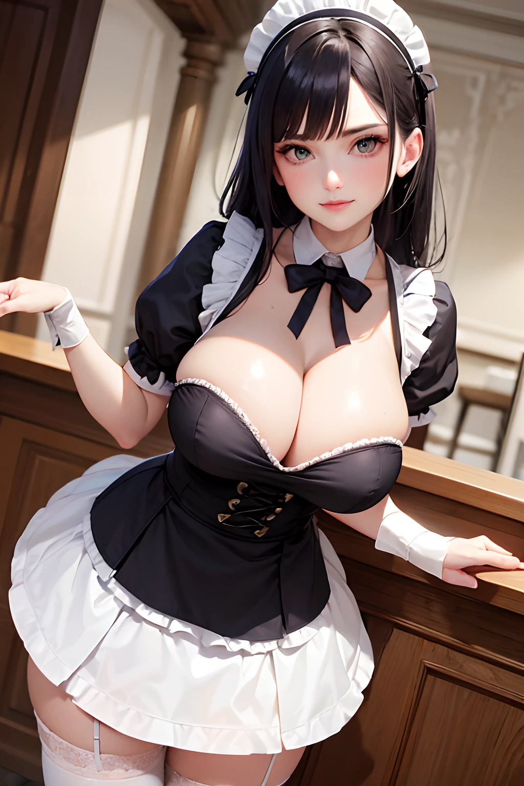 Meisterwerk, (realistisch), high-res, hochdetailliert, kompliziert, Beautiful women, rote Haare, blaue Augen, Sommersprossen, detailliertes Gesicht, maid outfit, looking at viewer, showing boobs, smile, huge boobs, in Cafe, serving you, lehnen
