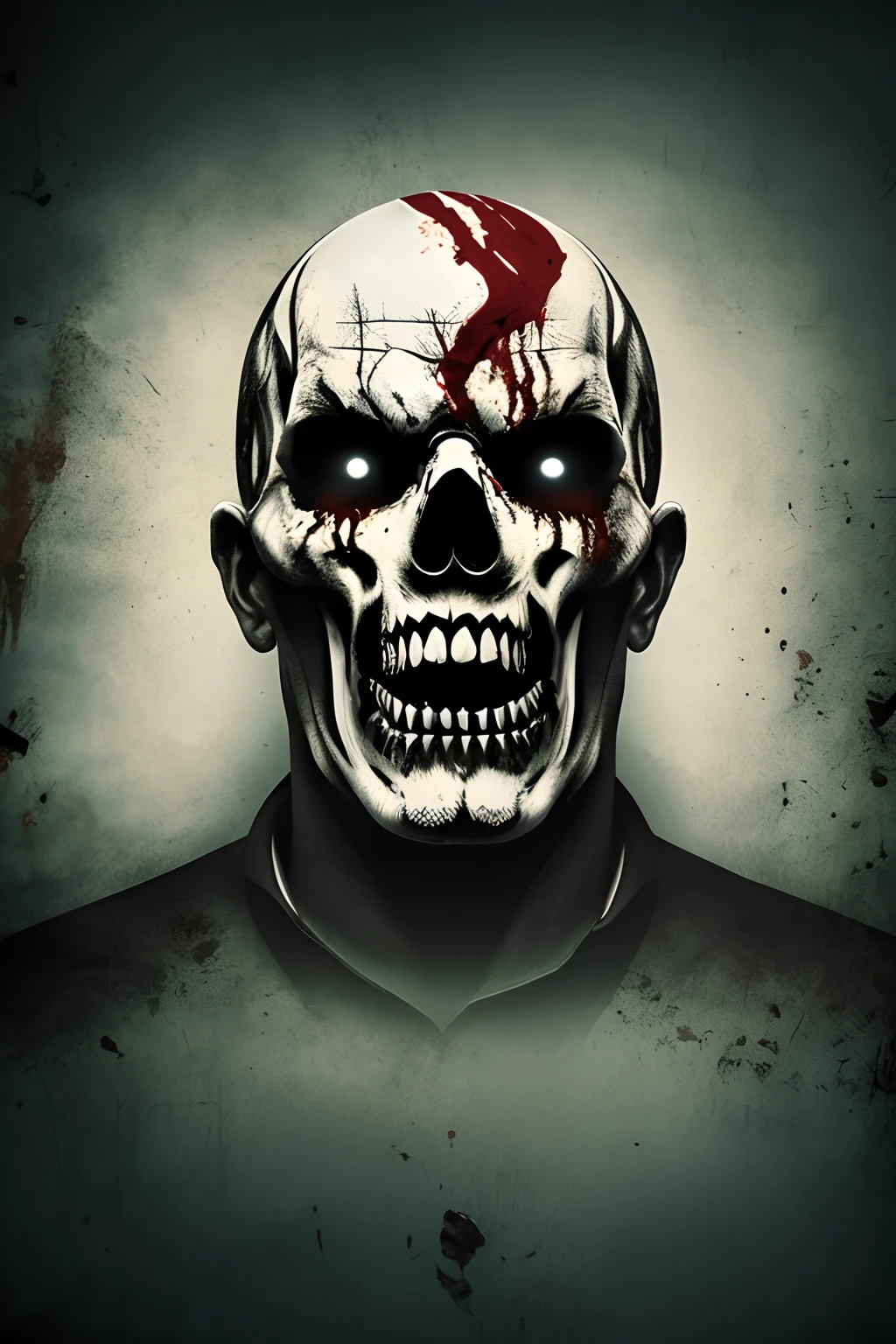 Draw a scene of terror and anguish. A man is at the center of the image, seu rosto contorcido, olhos grandes e amarelos, com o rosto machado de sangue. Seu corpo parece distorcido e torcido. The atmosphere is gloomy, com sombras profundas e um fundo sinistro. The main theme is fear and agony."