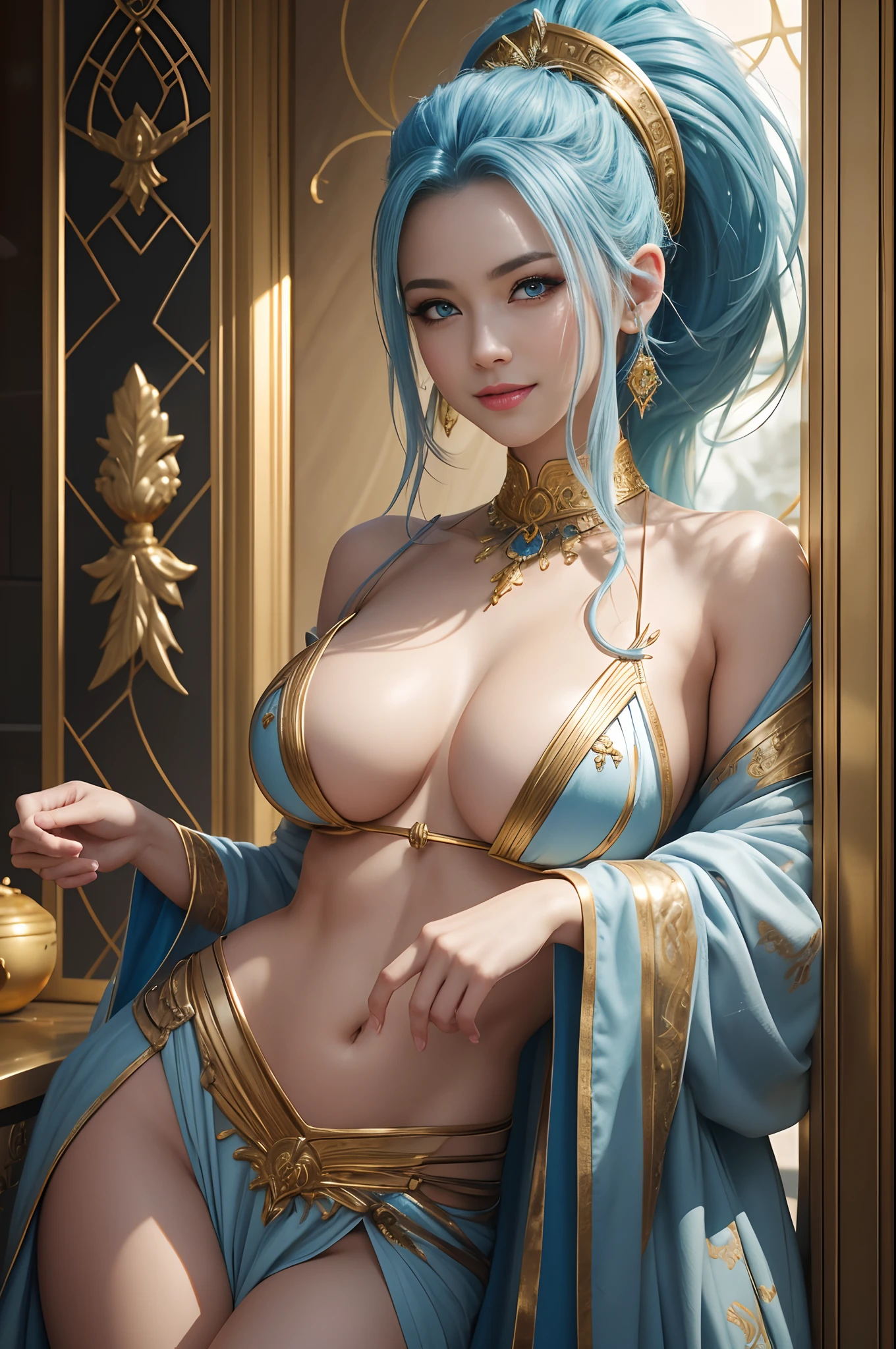 8K、The highest quality of photorealistic RAW photos。1.4)(adult lady<>a person) Super beauty(Lifelike face) Mature woman with blue mohawk、Ethereal、goddes、large full breasts、vivd colour、Gold and White Goddess Costume,white greek peplos、Golden hair、The perfect female figure、a smile、trending on artstationh、​masterpiece、8K分辨率、Fantasyart、超A high resolution,real looking skin,Golden decoration,