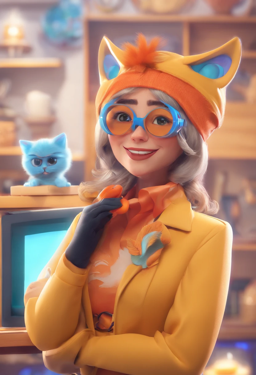 mulher , 50 anos,com cabelo preto liso, wearing goggles, Rosto redondo, inteligente, sweet expression, gordinha, de blusa amarela clara, sorrindo, Holding an orange striped cat in one hand and the Canon camera in the other hand. Estilo Disney Pixar