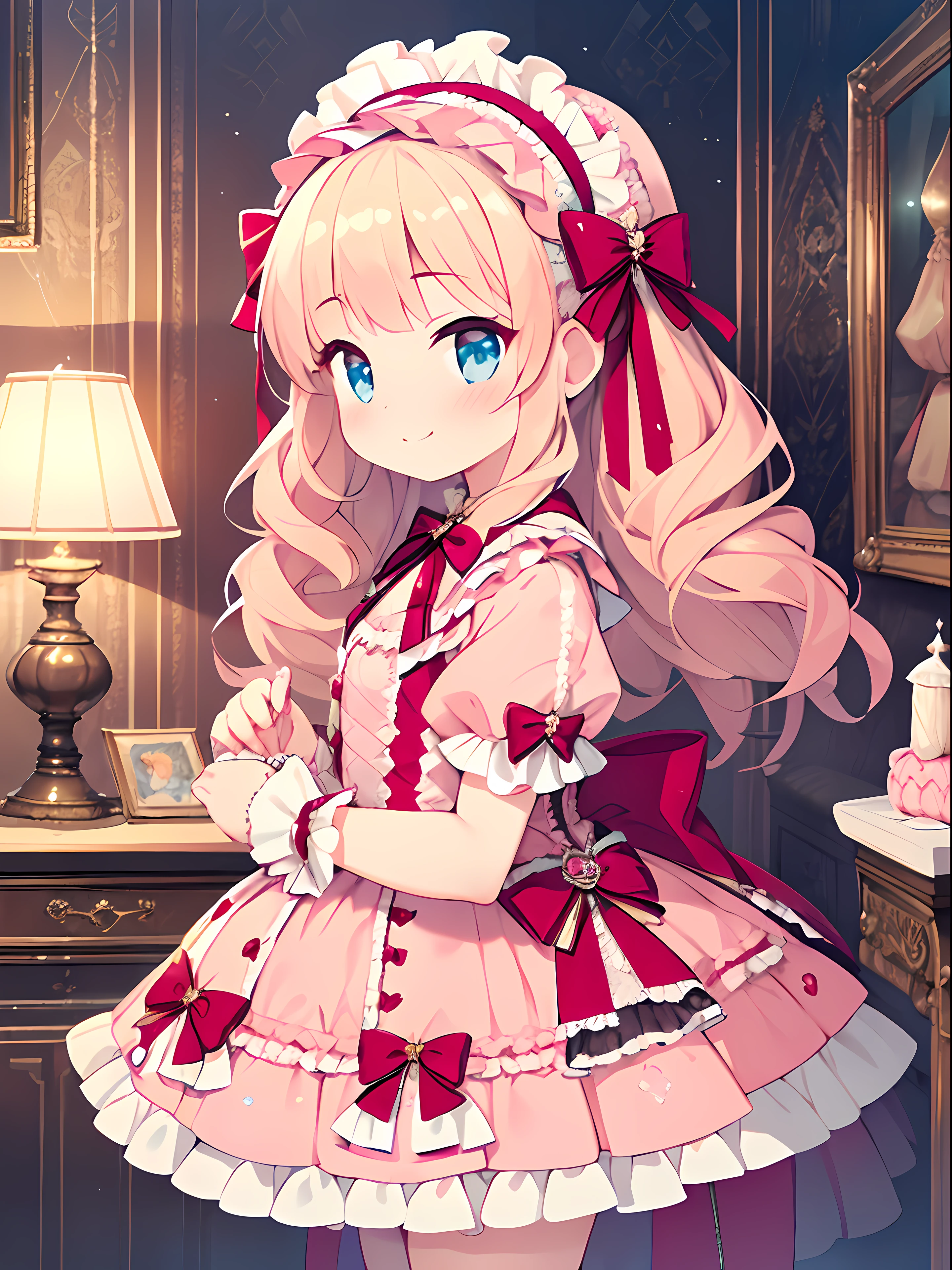 (masterpiece:1.2), best quality, highres, original, (extremely detailed:1.2), ultra-detailed, wallpaper, perfect lighting,(extremely detailed CG:1.2), 8k, (Pink ta dress, Loliashion:1.24), shiny clothes, girl image, better hands, pink tone, cute style, girly, sweet decoration, pink bubbles, candy color scheme, dreamy scene, exquisite details, small and exquisite, sweet atmosphere, romantic elements, girlish sentiment, pink color, cute decorations, sweet smile