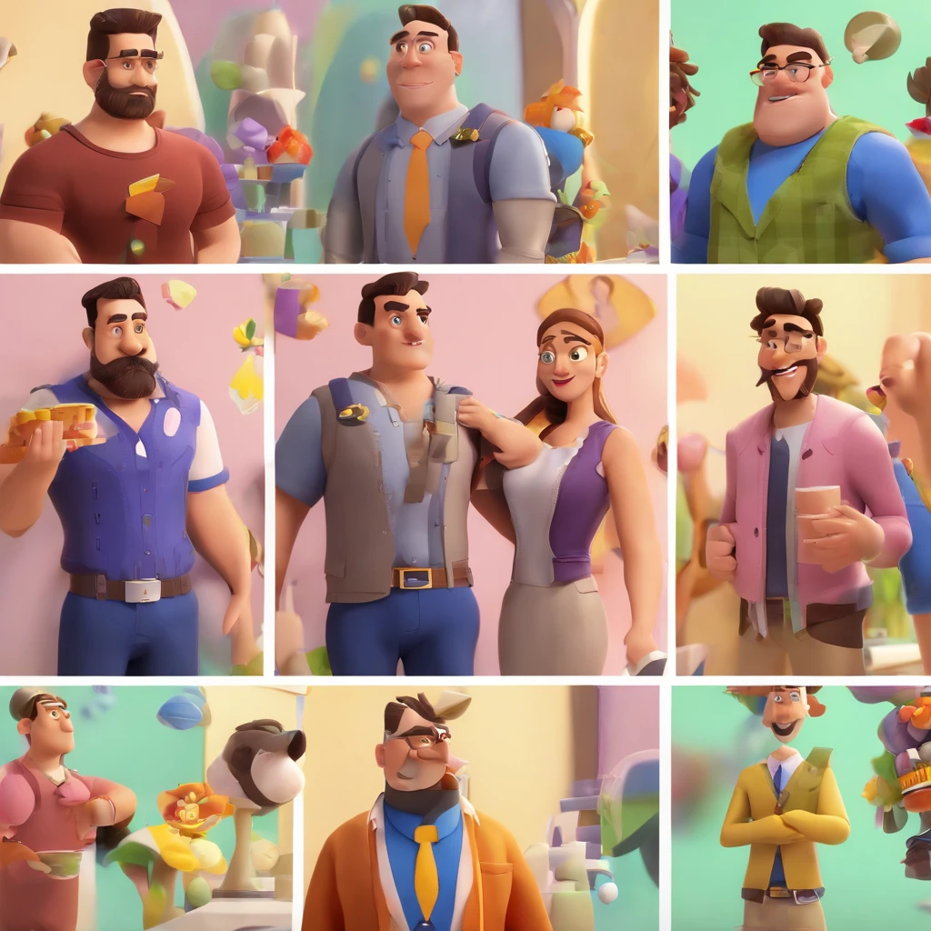Criar um personagem no estilo Pixar. Trata-se de um homem de 30 anos, com barba, Branco, com cabelos castanhos curtos e um quiff, e olhos castanhos. Ele deve estar na frente de um computador, Trabalhar como designer