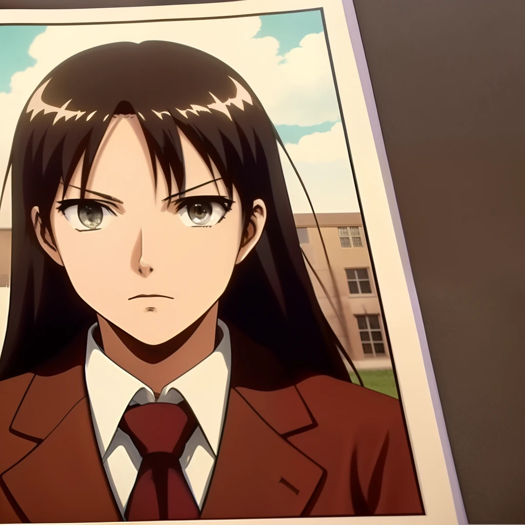 Attack on Titan screencap of an ancient vintage yearbook photo. It is of a female. Under his/her picture it says her name"Anastasia Jaeger " and under her name it says "104th Cadet Class" (long brown hair)