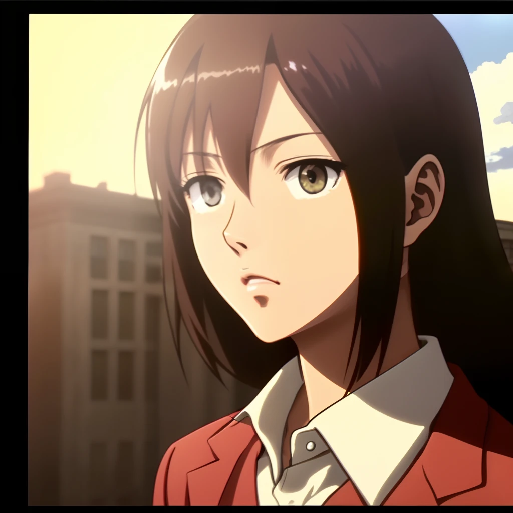 Attack on Titan screencap of an ancient vintage yearbook photo. It is of a female. Under his/her picture it says her name"Anastasia Jaeger " and under her name it says "104th Cadet Class" (long brown hair)