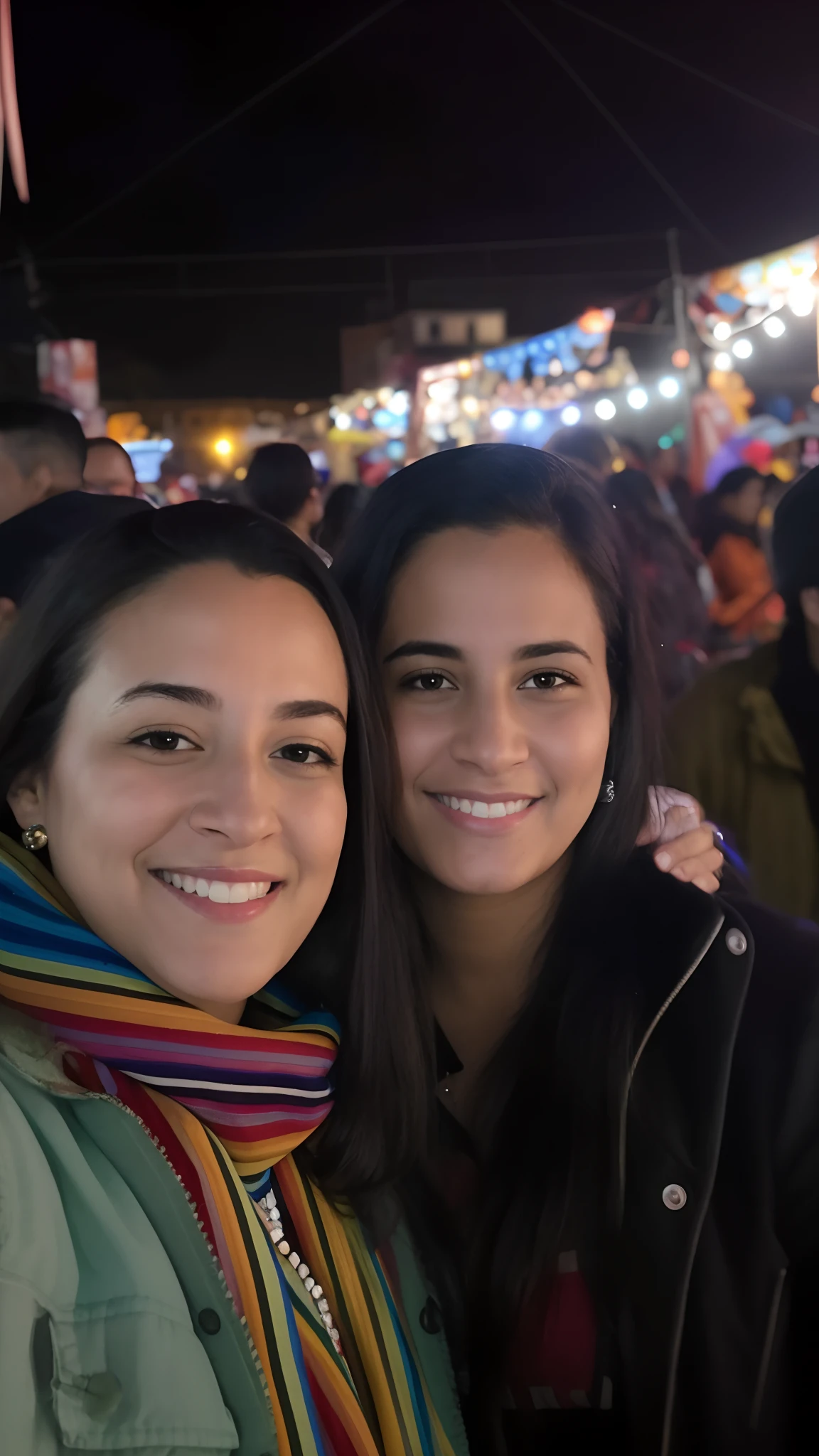 There's two women together at a street fair at night, imagem de perfil, Duas mulheres se beijando em um carnaval, both smiling for the camera, foto do perfil, photo taken at night, Directed by: Nandor Soldier, imagem do avatar, bokeh apenas em segundo plano, foto de perfil, by Amelia Peláez, at night, divertindo-se, album photo