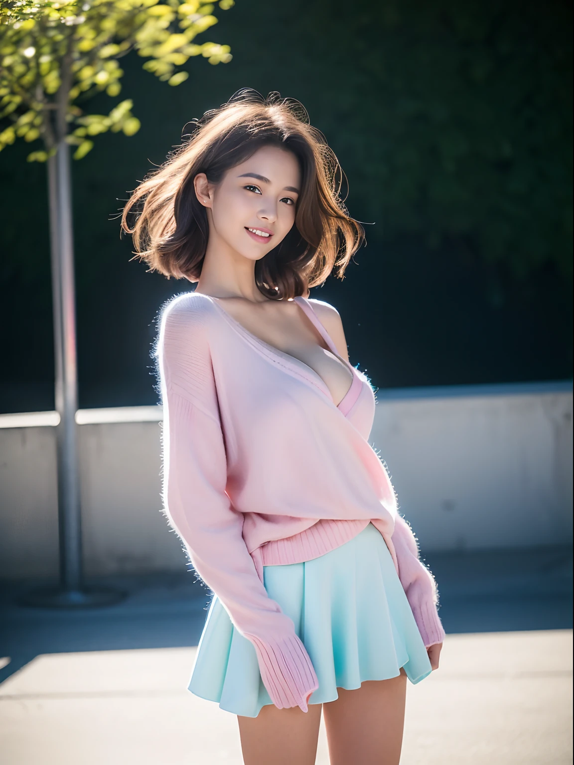 Masterpiece, highest quality, high resolution, (Best Quality, 8K, 32K, nsfw:1.2), (1 slender young woman of Japan, 18 years old), (medium long length brown Curly hair), Bright foreground, amber eyes, Professional Lighting, Photon mapping, shading:1.3, (high-detail skin:1.2), equal sized breasts, (Huge breasts:1.5), ((Provocative Dynamic Poses)), hyperdetailed face, Detailed lips, Detailed eyes, Double eyelids, Looking Camera, (Sensual gaze on the photographer), High quality, 4K, massive breast:1.5, sexy, no freckles, no moles, spotless body, detailed face, detailed mouth, detailed teeth, detailed eyes, detailed breast, 2 hands with perfect fingers, tall body, slim body, thin waist, beautiful face, perfect skin, strong abs, hide hands, ((full body picture)), bubble butt, make up, erotic photoshoot, fit, ((professional at photography lighting)), (natural breast), Photorealsitic, surrealistic, hands are out of view, can’t see hands, can’t see fingers, cleavage, beauty, pretty, beautiful breasts, happy smile, perfect teeth, perfect lips, beautiful teeth ,(SFW), (((hyperrealistic photograph))), ((wearing A pastel-colored oversized sweater paired with a floral skater skirt, white knee-high socks, and cute sneakers)), (gigantic breast), (up skirt), (no logo), (no text),(no watermark),(no signature), (perfect face, no wrinkle), (no sagging breast), ((full body photo)), (in modern skateboard park), (look from behind), (exposed panty), (girl jump in the air not touching ground), (no one in background), (no bang on hair)