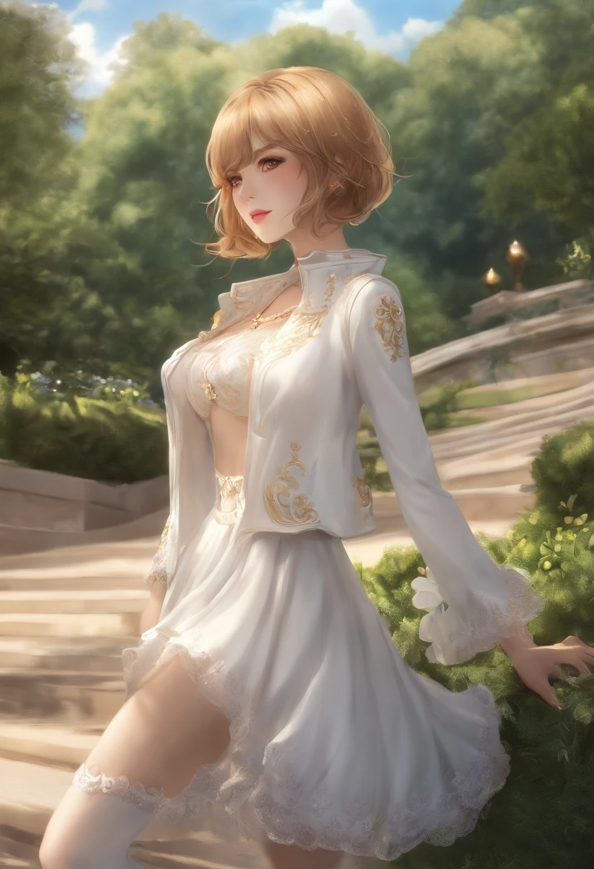 ((master part,best quality)),1girl,sozinho, (((Chisato Nishikigi))), short hair, cabelos amarelos claros, sozinho, vestir, Detalhe Olhos, Olhando para o Viewer, mangas compridas, Standing, vestido branco, Luvas,ornamento de cabelo, Black jacket, sorrir, cabelos flutuantes, Dutch angle, boca fechada, Desviando o olhar, (Parque do Centro),Cloudy sky, blue skies, cor quente,