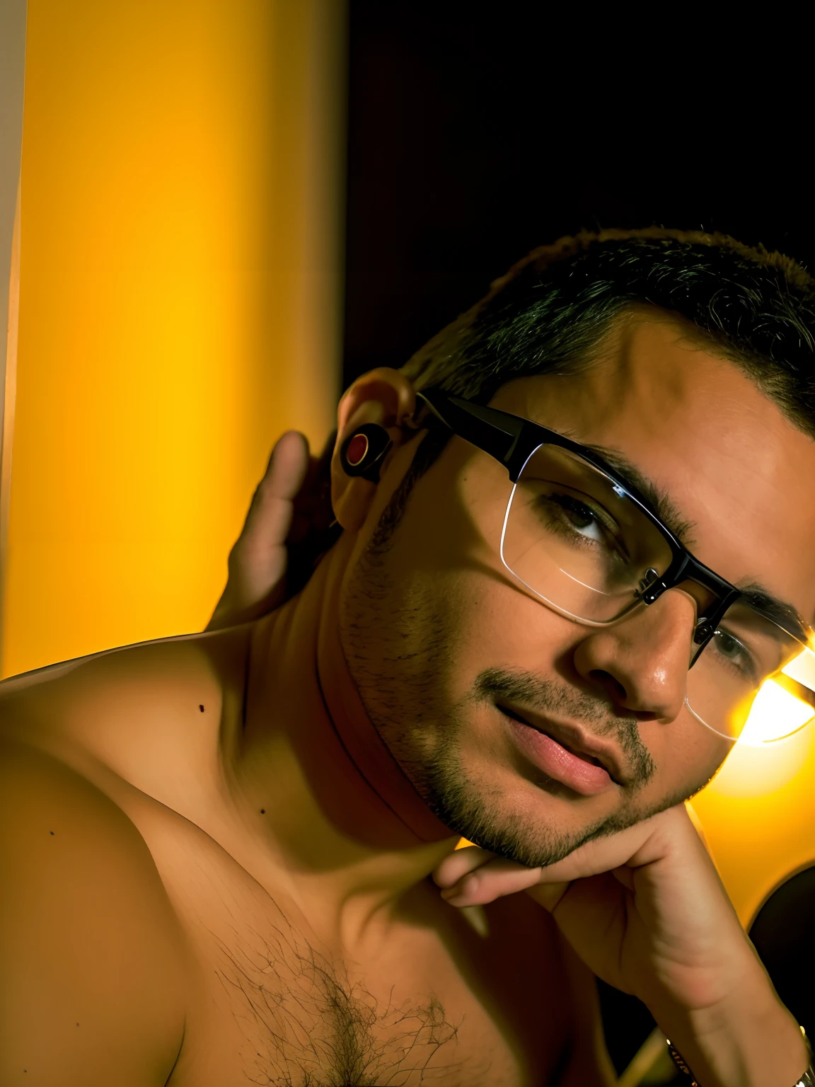 There's a man with glasses and a remote control in his hand, caio santos, some glints and specs, imagem de qualidade muito baixa, com fones de ouvido, foto do perfil, em torno de 1 9 anos, com fones de ouvido, orelhas aferidas, olhos brilhantes penetrantes, foto de perfil 1024px, salvador, !!wearing modern glasses!!, foto de baixa qualidade