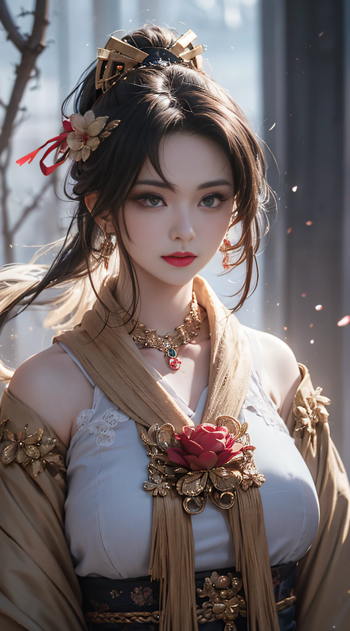 1 beautiful girl in Han costume, White thin purple silk shirt,Full of texture, white lace top, Long ponytail in purple platinum, hair adornments, ear jewelry, necklace and necklace, meticulously drawn large purple eyes, Detailed makeup, Thin eyebrows, High nose, Beautiful red lips, no smile, pursed lips, rosycheeks, Wide breasts, Big breasts, Proportional breasts, Slim waist, Purple fishnet socks, chinese hanfu style, fictitious art textures, The colors are vivid and true to life, RAW photo, Realistic photo, ultra high quality 8k surreal photos, (effective fantasy light effect: 1.8), 10x pixel, Magical effect (Background): 1.8), hyper detail eyes, Full body portrait of girl , Chinese royal background