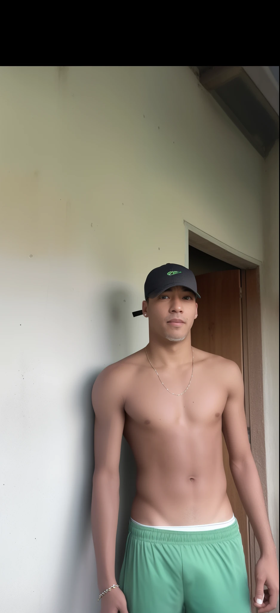 Estilo pixar.Man in green shorts and hat leaning against a wall, taken in the early 2020s, em torno de 1 9 anos, imagem de corpo inteiro, Me ajuda, 2 7 anos, 2 3 anos, 2 2 anos, full body frontal view, 2 8 anos, 2 9 anos, 2 4 anosxar