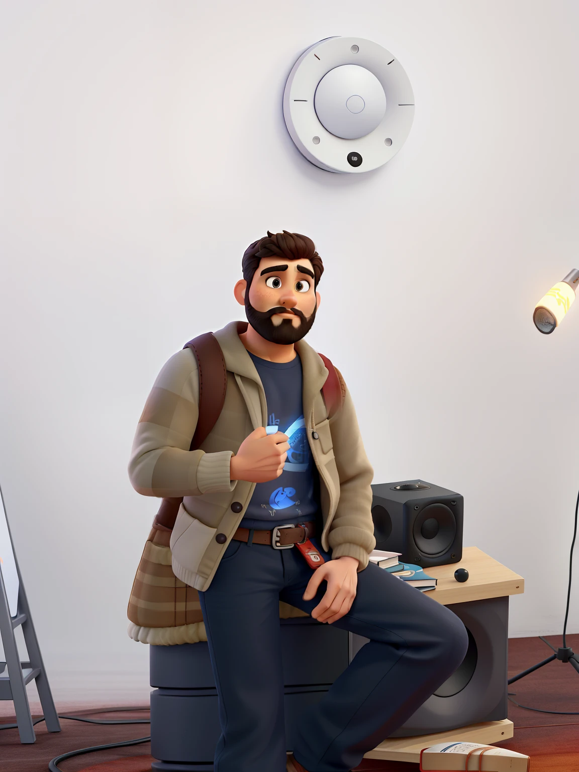 Pode melhorar barba mais rala com uns fios brancos, Make the full body appearing white red shoes. Man stands on black background on a speaker-like stage with microphone in one hand and book in the other in Disney pixar style best quality, maior qualidade.