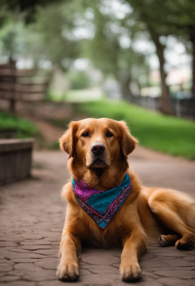 there is a dog that is laying down on the ground, Retriever dourado, 2 anos, sem parque, vestindo uma bandana rosa. Transformar em um desenho estilo Pixar.