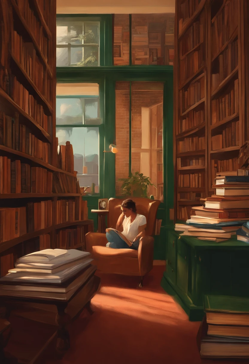 Jovem 19anos cabelho castanho escuro cacheados,rectangle face,modelo pixar lendo livro em uma biblioteca