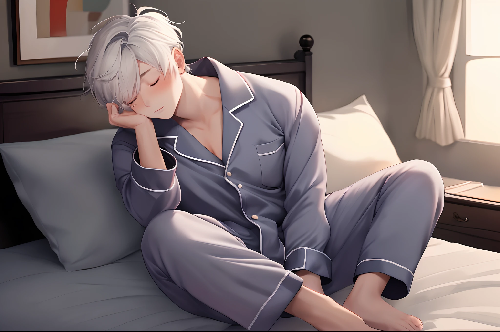 (4K works))、​masterpiece、(top-quality)、((Black and white manly bedroom))、Korean Male、Adult male、((Adult 50 years old))、((Adult uncle type))、((Man's pajama style))、((Face similar to Hyunjin))、Cool Men、tall、((Gentle face))、((Long sleeve long trouser style))、((Smaller face))、Slim body、((white  hair))、((white short-haired))、((Red Eyes))、((sharp and narrow eyes))、((shot from front))、((Shot alone))、((Solo Photography))、Professional Photos、((Sleeping on the bed))、((He is watching the viewer))