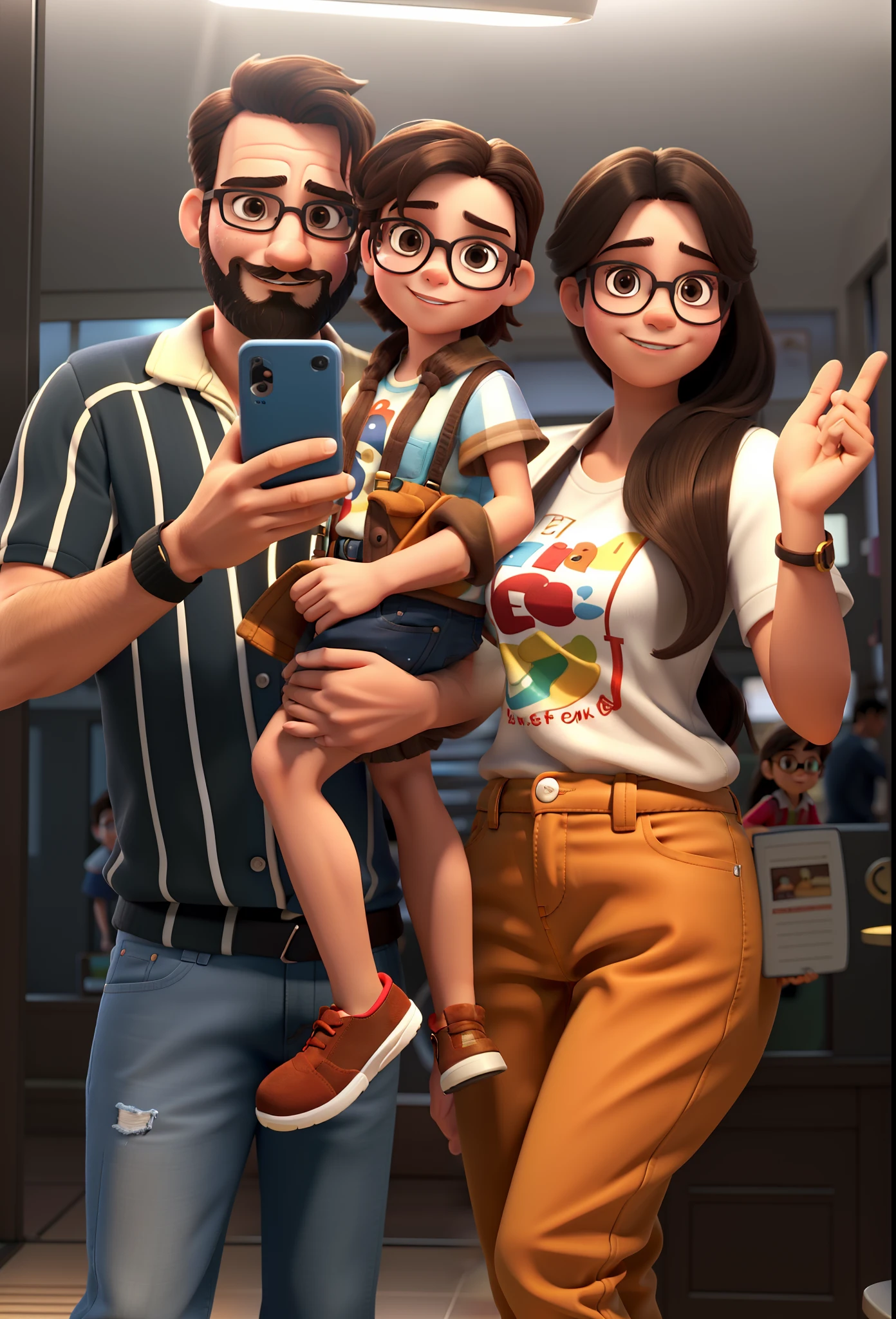 One fun family, com um homem de cabelo amarrado e barba com um celular , a brunette woman and a 3-year-old boy with glasses, dentro do elevador iluminados por uma luz , it's Disney Pixar style, with great quality, melhor qualidade