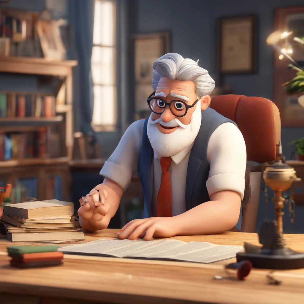 Crie um cartaz inspirado na Disney Pixar com o personagem sendo o pastor Rubens Janier, A gray-haired man wearing glasses, in an office with a Bible on the table