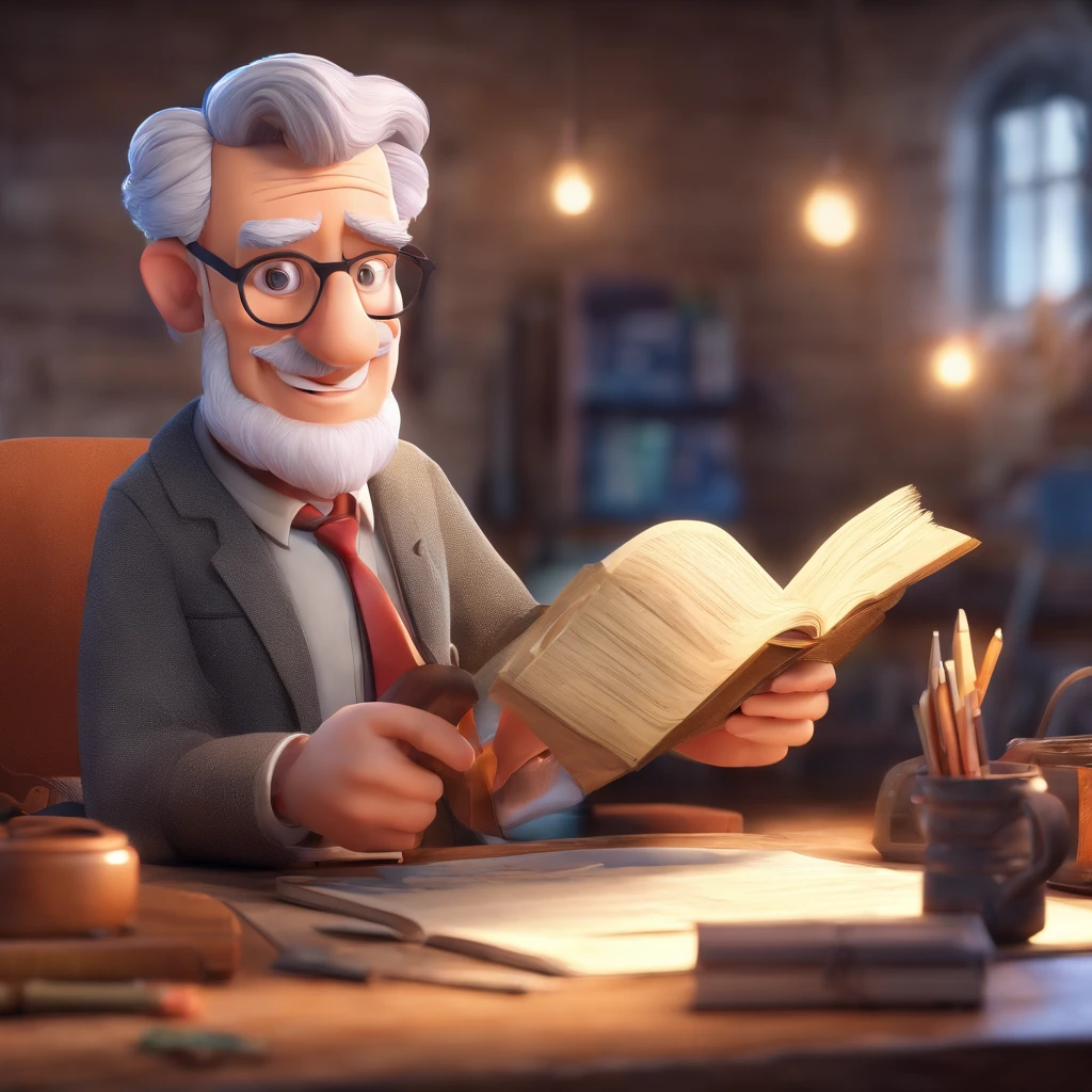 Crie um cartaz inspirado na Disney Pixar com o personagem sendo o pastor Rubens Janier, A gray-haired man wearing glasses, in an office with a Bible on the table