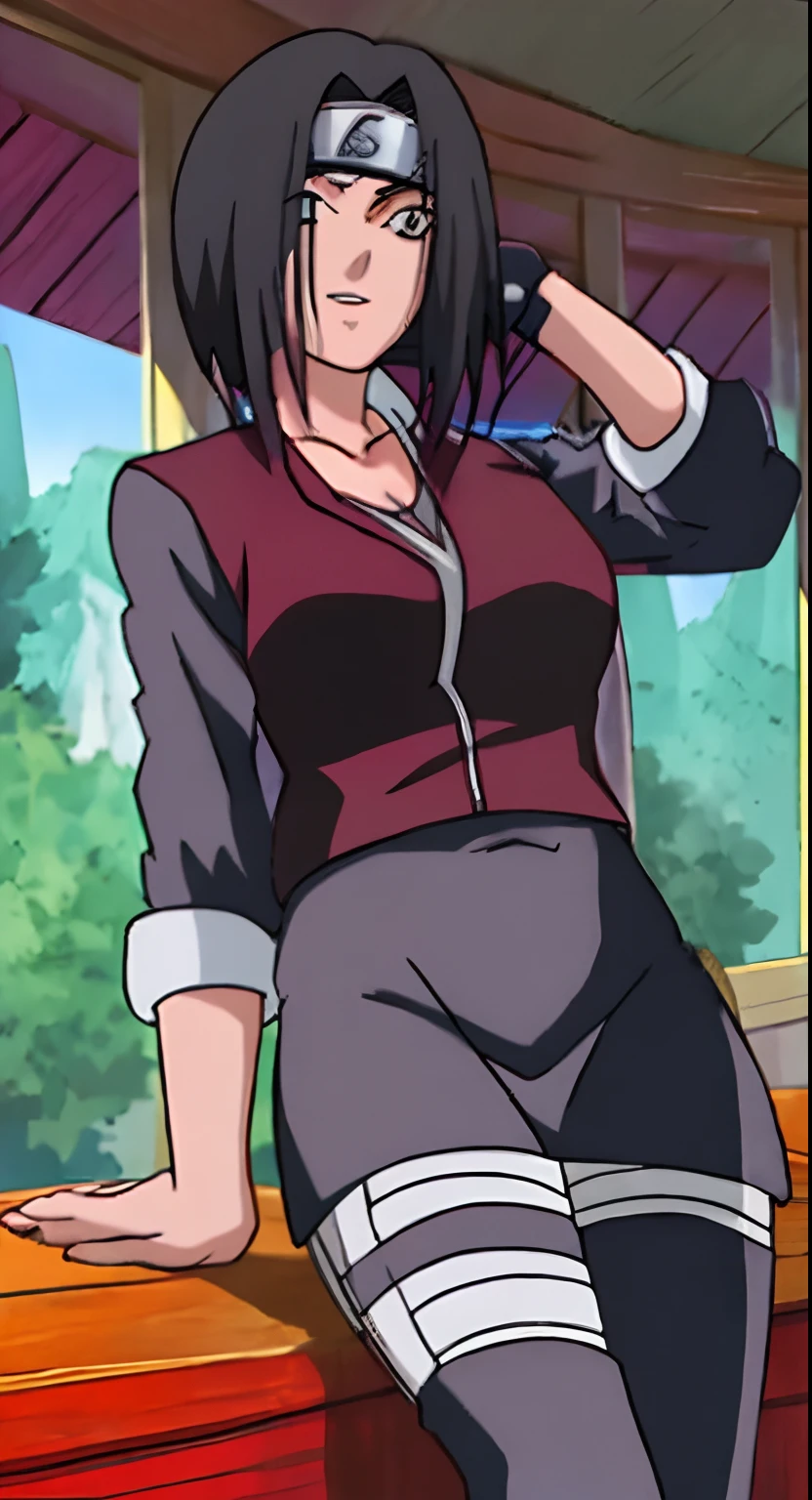 Personagem de anime sentada em uma mesa, Professora do anime Naruto, Mulher de 40 anos, cabelo curto preto, olhos pretos, usando uma camisa branca, com um blazer preto por cima, And wearing a black skirt, retrato de corpo inteiro.