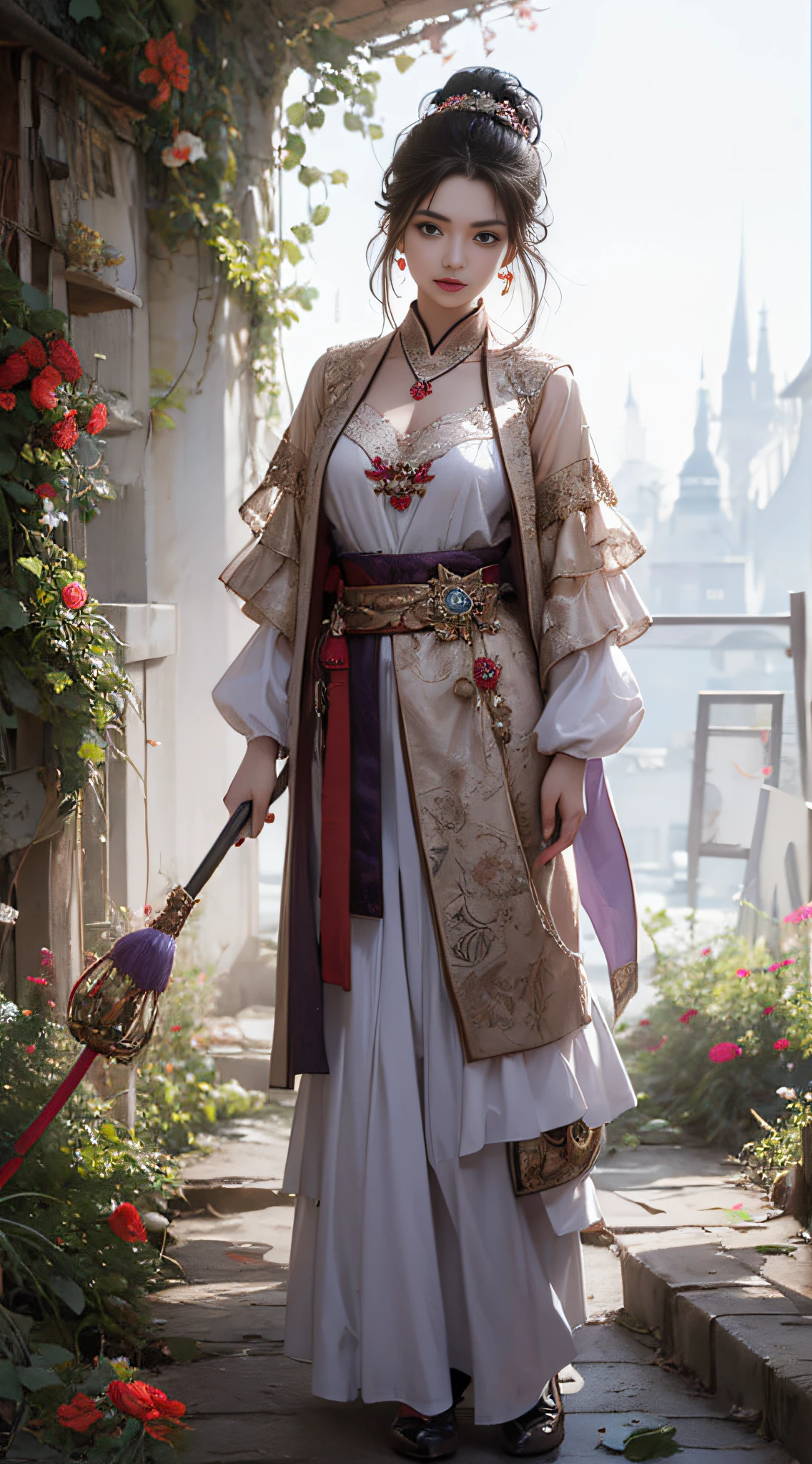 1 beautiful girl in Han costume, White thin purple silk shirt,Full of texture, white lace top, Long ponytail in purple platinum, hair adornments, ear jewelry, necklace and necklace, meticulously drawn large purple eyes, Detailed makeup, Thin eyebrows, High nose, Beautiful red lips, no smile, pursed lips, rosycheeks, Wide breasts, Big breasts, Proportional breasts, Slim waist, Purple fishnet socks, chinese hanfu style, fictitious art textures, The colors are vivid and true to life, RAW photo, Realistic photo, ultra high quality 8k surreal photos, (effective fantasy light effect: 1.8), 10x pixel, Magical effect (Background): 1.8), hyper detail eyes, Full body portrait of girl , Chinese royal background
