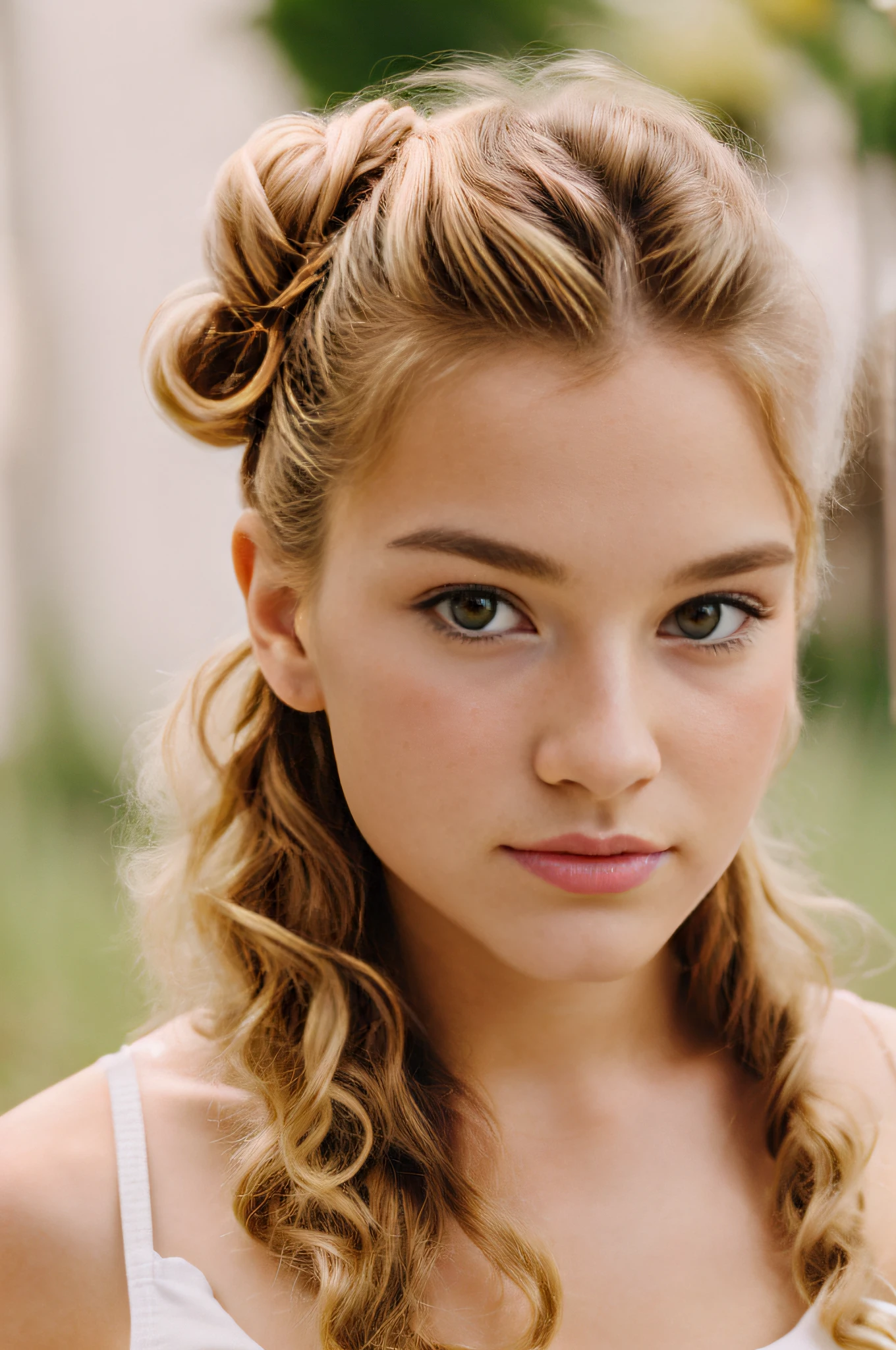 beautiful blond woman, cute face, photorealistic, ultrarealism, nikon, curly hair, tousled bun, teen, 17 years old, face view