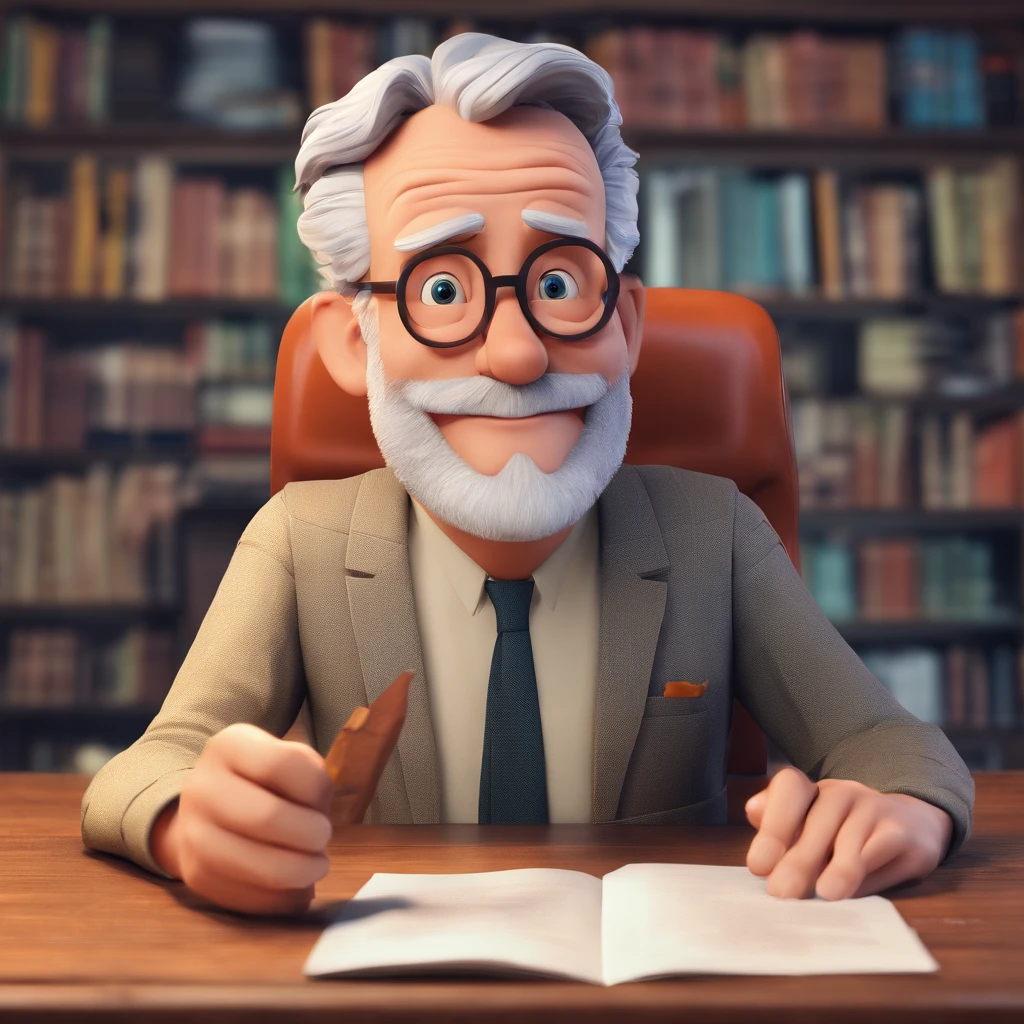 Crie um cartaz inspirado na Disney Pixar com o personagem sendo o pastor Rubens Janier, A gray-haired man wearing glasses, in an office with a Bible on the table