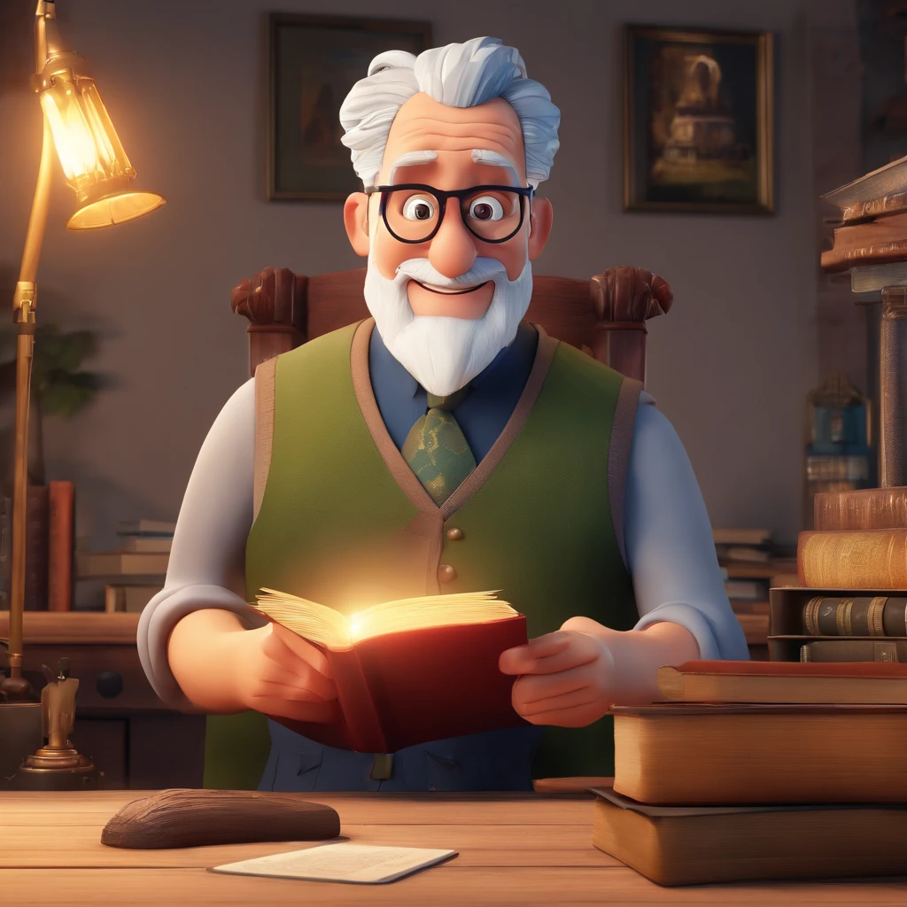 Crie um cartaz inspirado na Disney Pixar com o personagem sendo o pastor Rubens Janier, A gray-haired man wearing glasses, in an office with a Bible on the table