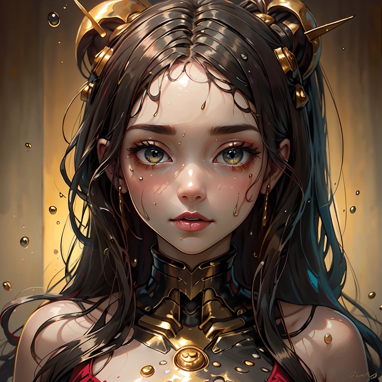 fechar para cima,mulher fofa muito bonita com olhos dourados coloridos cintilantes, ((cabelo vermelho com mechas brancas))Face body and hair completely covered in liquid dripping oozy golden honey,centenas de abelhas voando e rastejando sobre ela,cena florestal
