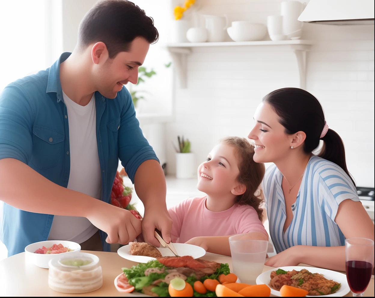 araffes and a woman and a  are In the kitchen, cooking, Wearing an apron, In the kitchen里, photo, lifestyle, gourmet food, In the kitchen, French, , cooking show, happy , Husband, wife, son, children, European, shutter, healthy,  photography, 营销photo, Mixed Art, Warm and convivial atmosphere