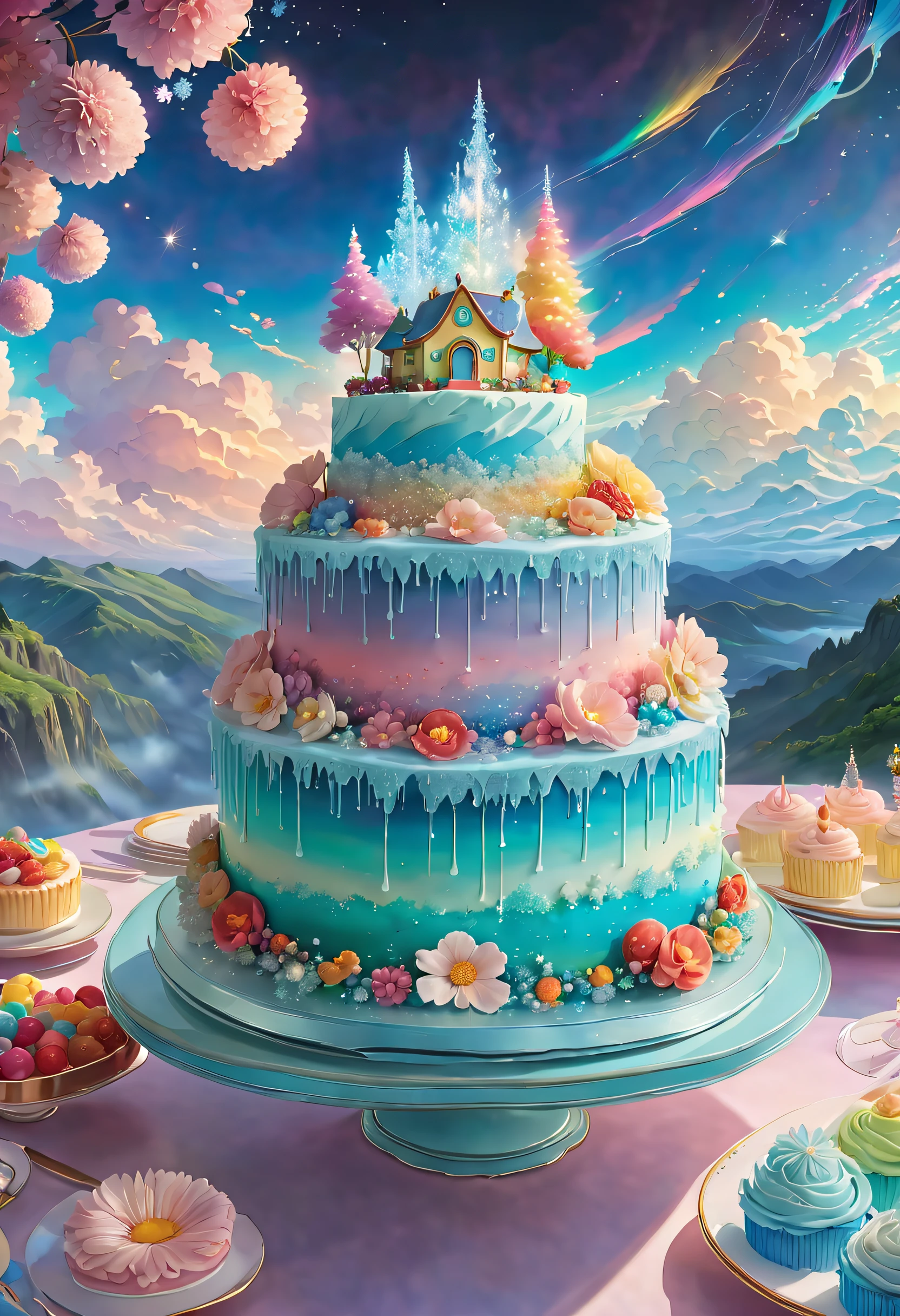 (Imagine that，A dreamy fairytale birthday cake hovers over the dining table，The color of the reflected light，The cake connects different layers of dreamy ice crystals and crystal decorations，It is decorated with crystal textures and frosted flowers，And on top of the cake hangs a gorgeous and spectacular dream candy sculpture and other dream food decorations) ，The painting can have a dreamlike tranquil vibe, Soft clouds and a brightly colored RGB color palette, (Studio Ghibli-like colors, Cinematic lighting, First-person perspective, Angle, panoramic, Ultra-wide angle, Ultra-high definition, Anatomically correct, masterpiece-quality, Selected, Award-winning, Best quality, Extremely colorful, highestdetailed, Close-up of details, Capture every delightful detail of the cake)