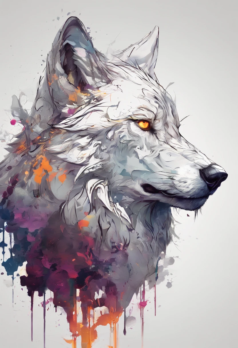 arte splash, a wolf's head, ((fundo branco)), olhos penetrantes, epic instagram, art-station, estilo splash de tinta colorida, contorno, hiperdetalhado intricadamente detalhado, Motor irreal, genial, detalhes intrincados, tela inicial, cores complementares, conceito de fantasia arte, 8K分辨率, obra-prima do deviantart, oil-painting, pinceladas pesadas, pingos de tinta, artes de salpicos