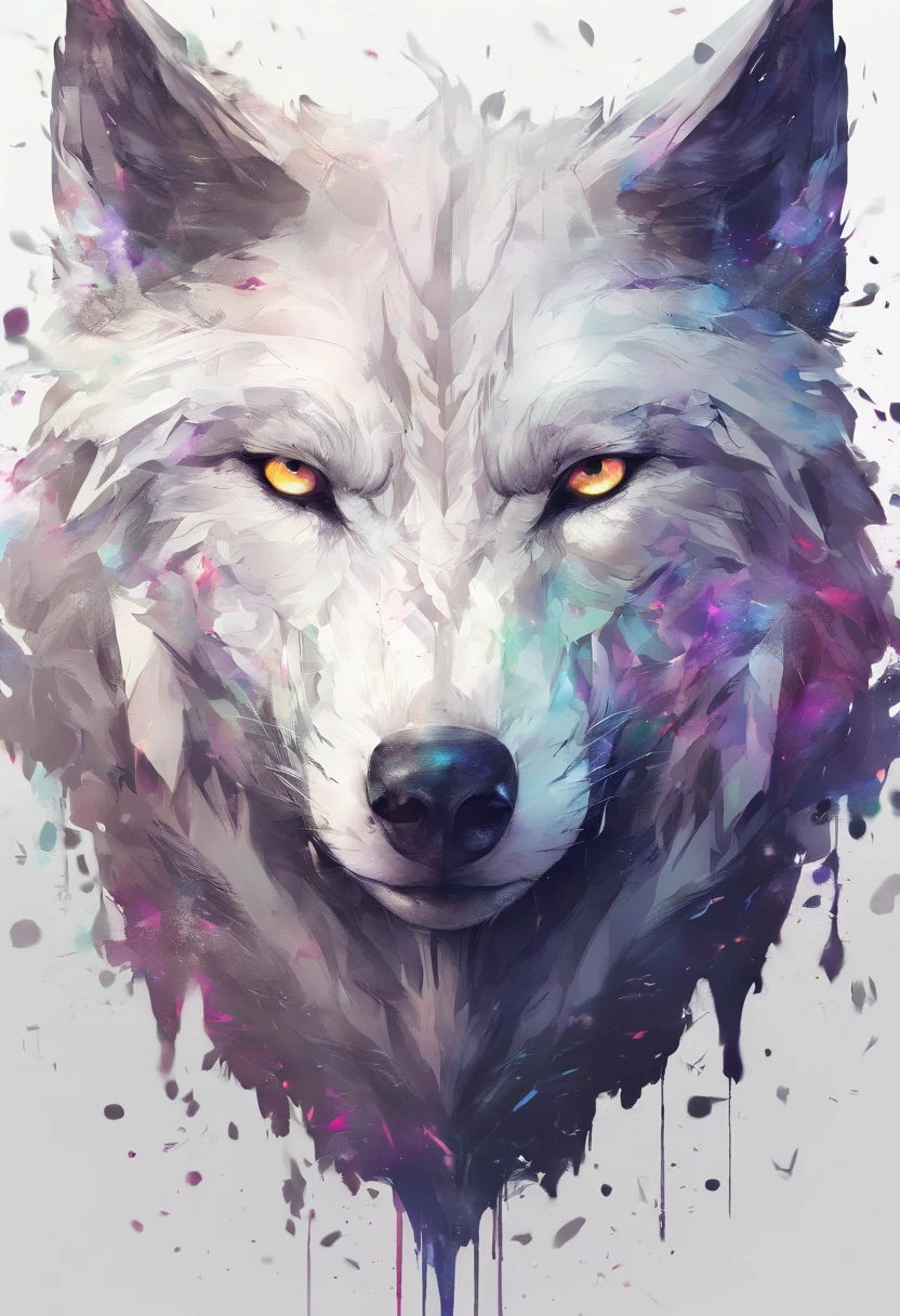 arte splash, a wolf's head, ((fundo branco)), olhos penetrantes, epic instagram, art-station, estilo splash de tinta colorida, contorno, hiperdetalhado intricadamente detalhado, Motor irreal, genial, detalhes intrincados, tela inicial, cores complementares, conceito de fantasia arte, 8K分辨率, obra-prima do deviantart, oil-painting, pinceladas pesadas, pingos de tinta, artes de salpicos