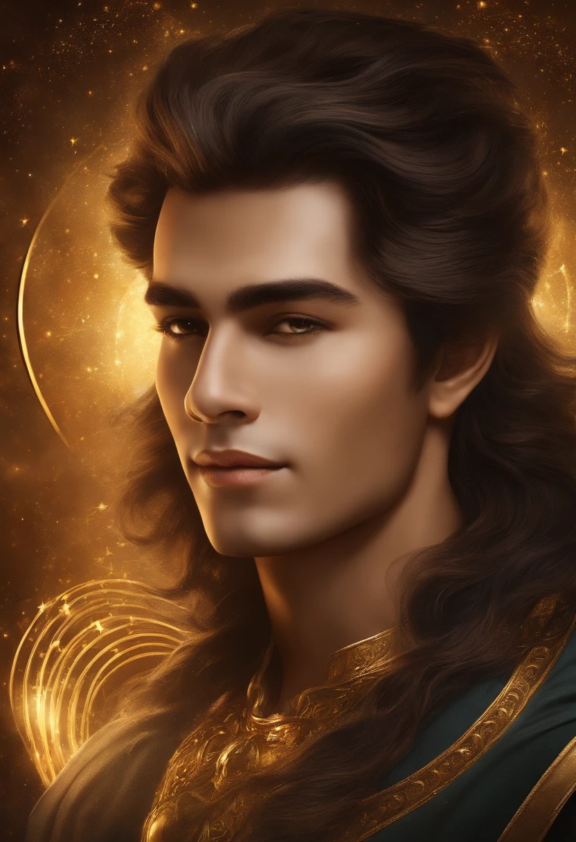 Create a man with unique characteristics, inspired by the sign of Pisces and the cosmological stars An artistic representation of the essence of this sign, with striking features and a mysterious aura, Highlight golden traces of gold and golden lights, black hair and a confident smile Make clear the pride of the sign of Leo at its core with long, voluminous hair as a representation of the mane