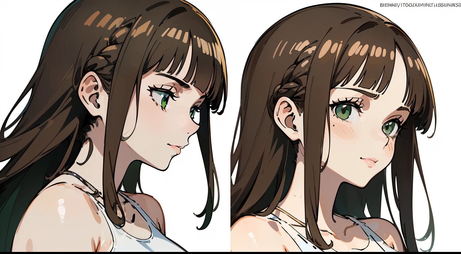 ((Best Quality)), ((Masterpiece)), ((Realistic)) 19 year old, brown hair, bangs, green eyes, girl, relaxed happy face ((slender)) (busty), ((( white one piece swimsuit ))) ((sexy )),long hair, (((detailed character sheet, frontal view, side view, three quarter view))) (((white background))) 6 and a half heads full body