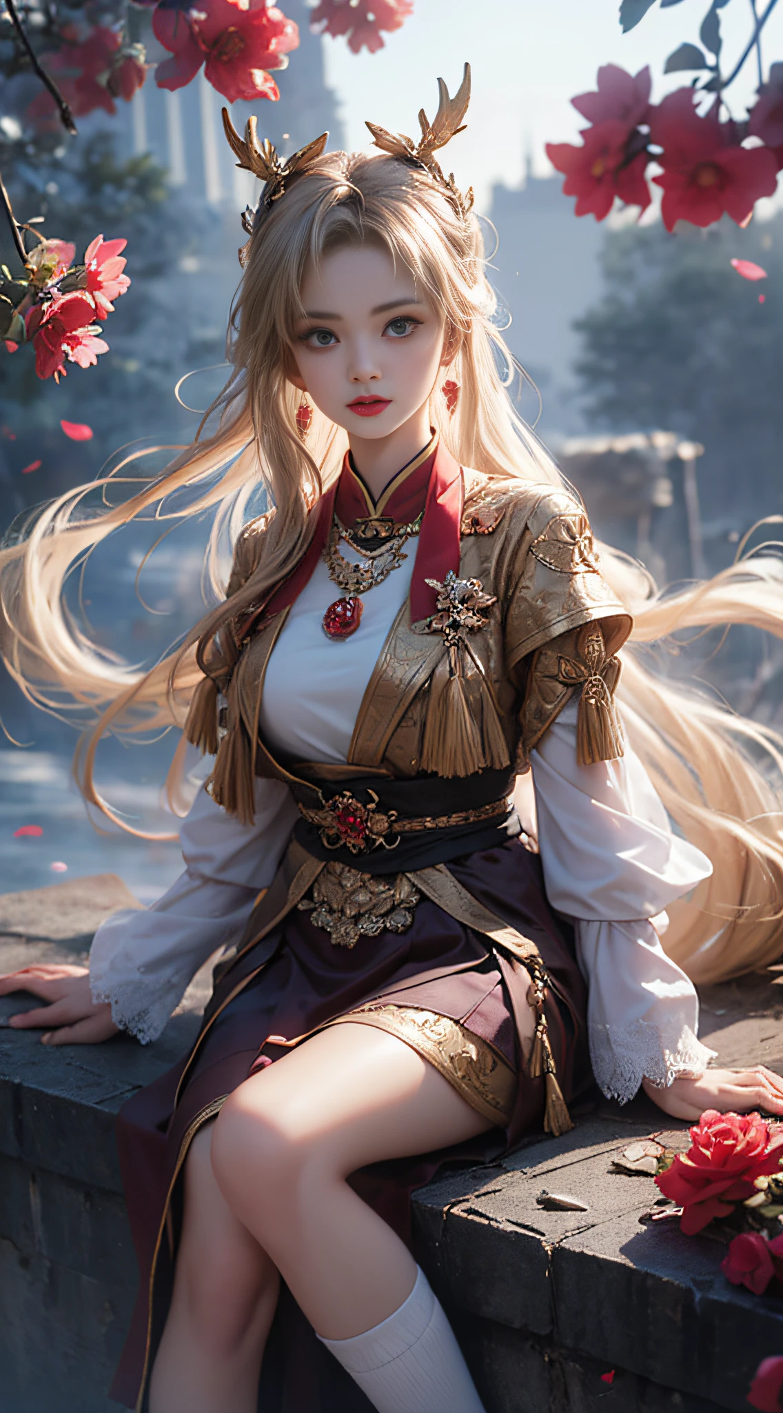 guqinghan,fhz,
hat,hair ornament,has tassel, chinese clothes, traditional clothes, bare shoulders,dress, detached sleeves, jewelry, print clothes, ((1girl, Elegant posture)), Natural leg proportions, Sexy beautiful legs, correct, 解剖学correct, Visible cleavage, masterpiece, (best quality, high resolution, masterpiece:1.2), Extremely detailed, (Practical, photoPractical, photo-Practical:1.37), Official Art, CG, 解剖学上correct, Cool action,Long blond hair,Smile,Elegant posture, Seductive pose, Seductive expression, Sexual desire expression,Colorful color scheme,Trendy clothing,Columnar plaque background,Geometric pattern stitching background, Movie, photography, Intricate background, Soft lighting, Subtle shadows, Vibrant colors, Expressive eyes, Beautiful, high class boutique, Ambience, A moment of honesty, Natural expression, Detailed texture, Fine details, Refined and elegant, Exquisite style, Artistic Composition, Beautifully presented.