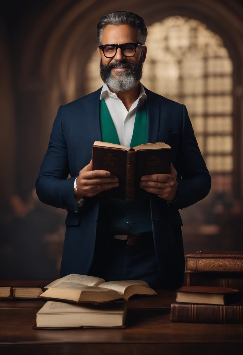 senhor calvo de cabelos grisalhos e escuros, With rectangular glasses and a smiling beard in business clothes and a Bible in one of his hands and watch on his wrist