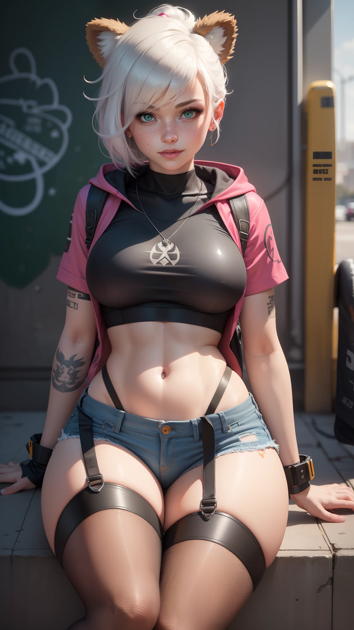 gwen tennyson,tracer,yorha 2b,y'shtola rhul,overwatch,nier automata,mecha pilot,shopping center,tattoos,orange and pink plugsuit,fishnet short sleeve top,denim micro shorts, uncovered belly,short hair,cute makeup,green eyes,multicolored silver hair,sexy smile,freckles,beautiful girl,large breasts,8k,ultra detailed, realistic,fantasy art,skater uniform,ear piercings,cyberpunk suit,saiyan girl,saiyan female,pink short sleeve sport hoodie,bear ear beanie,graffiti wall art,sitting,small backpack,goth necklace,thigh high socks,showing thong,wet shirt,spreading legs,