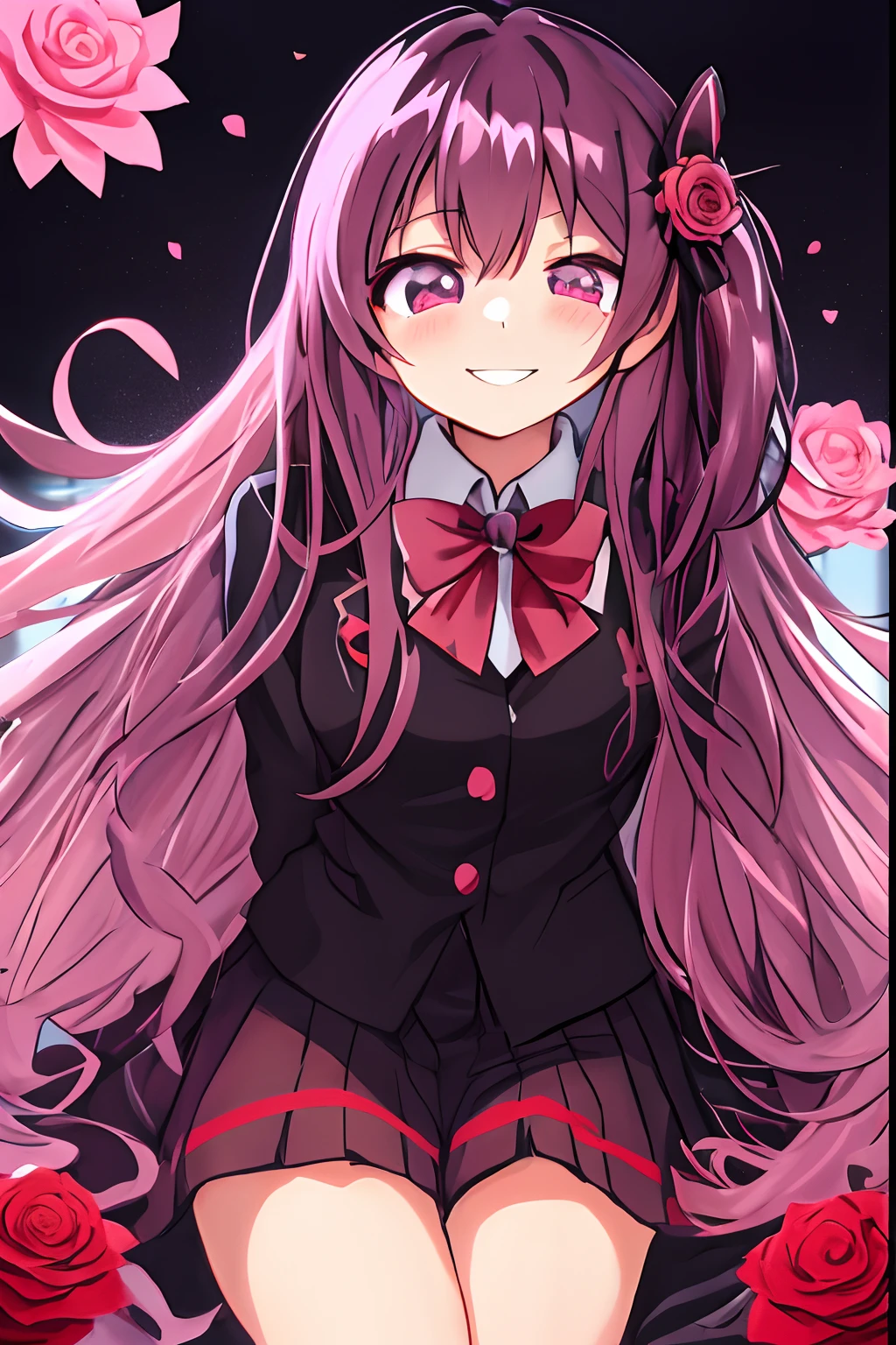 Yandere, Anime Girl aux cheveux roses et noeud papillon tenant un noeud, High School Uniform in Black and Red, Anime Moe Artstyle, Nice and mature anime face, Cold Eyes and Evil Smile, taille (1 meter 60),
