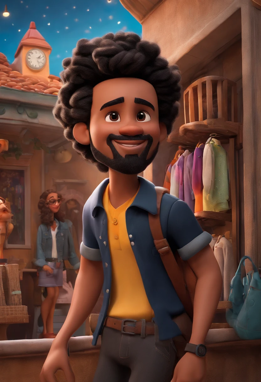 Disney/Pixar-inspired 3D poster capturing a scene of a cute 20-year-old with a soul patch beard, cabelo desbotado de navalha preta, camisa preta, Black pants on the background of a clothing store