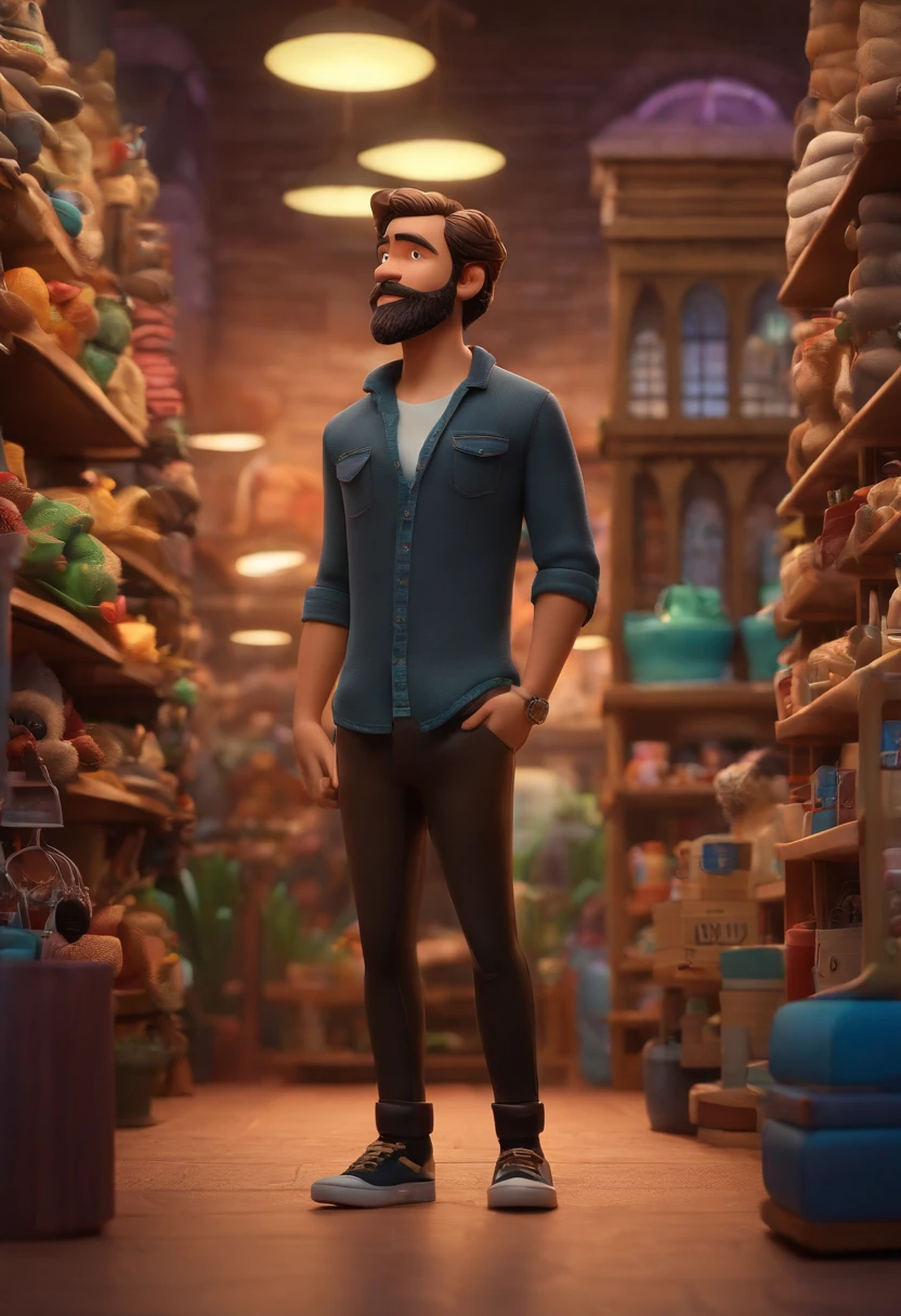 Disney/Pixar-inspired 3D poster capturing a scene of a cute 20-year-old with a soul patch beard, cabelo desbotado de navalha preta, camisa preta, Black pants on the background of a clothing store