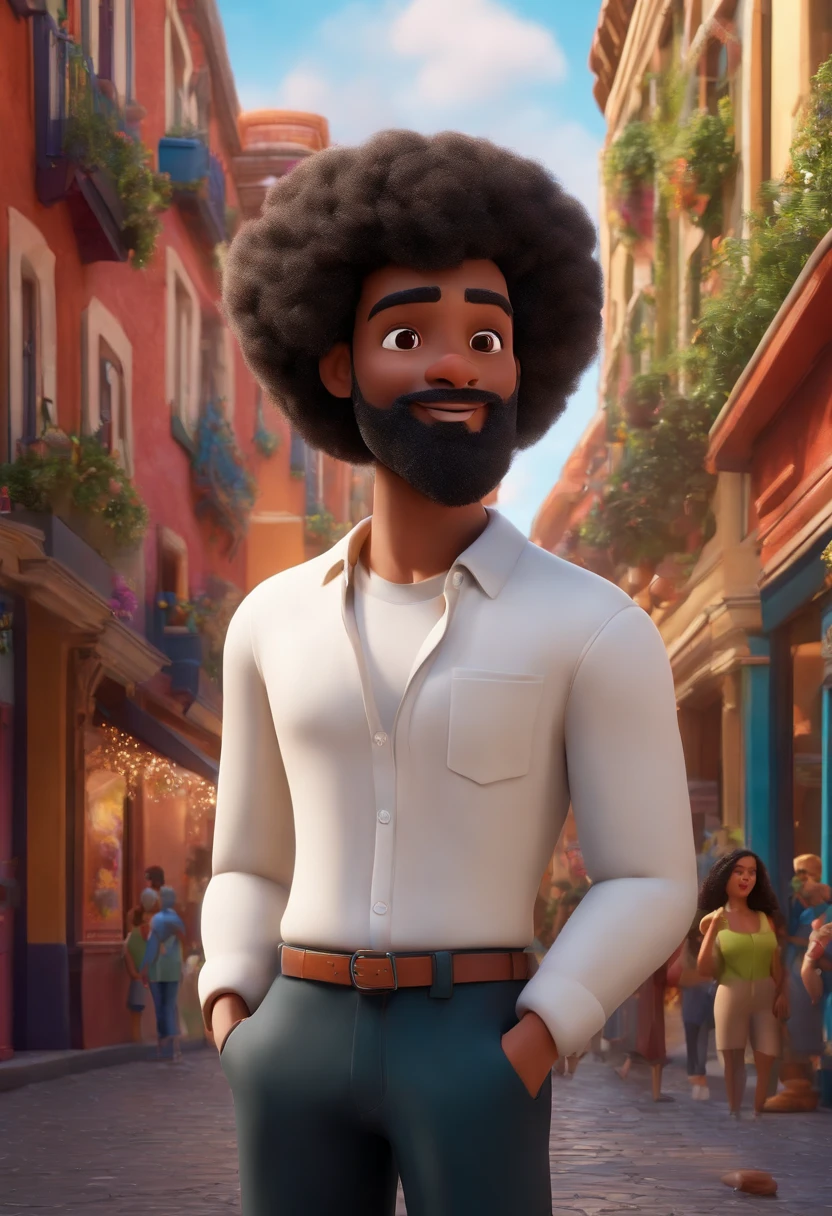 Disney/Pixar-inspired 3D poster capturing a scene of a cute 20-year-old with a soul patch beard, cabelo desbotado de navalha preta, camisa preta, Black pants on the background of a clothing store
