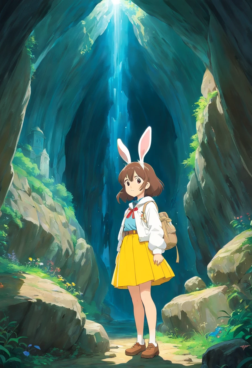 A bunny girl in a white jacket and yellow skirt stands in the depths of the cave,Standing with a wand in his hand,Beside her was a sparkling gem,miyazaki movie,The expression of a curious explorer, ghibli animated film, miyazaki movie, oil painting, detailed features, animate,The whole scene is dreamy and magical