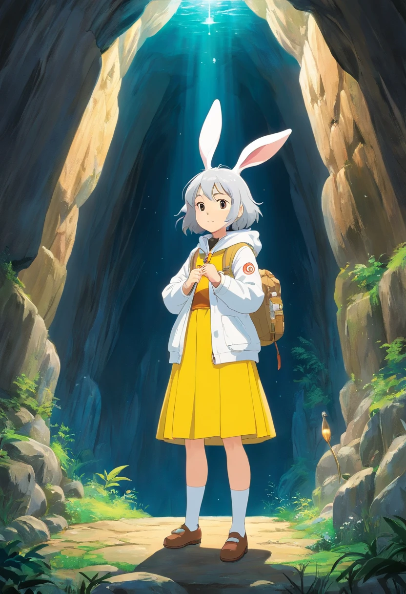 A bunny girl in a white jacket and yellow skirt stands in the depths of the cave,Standing with a wand in his hand,Beside her was a sparkling gem,miyazaki movie,The expression of a curious explorer, ghibli animated film, miyazaki movie, oil painting, detailed features, animate,The whole scene is dreamy and magical