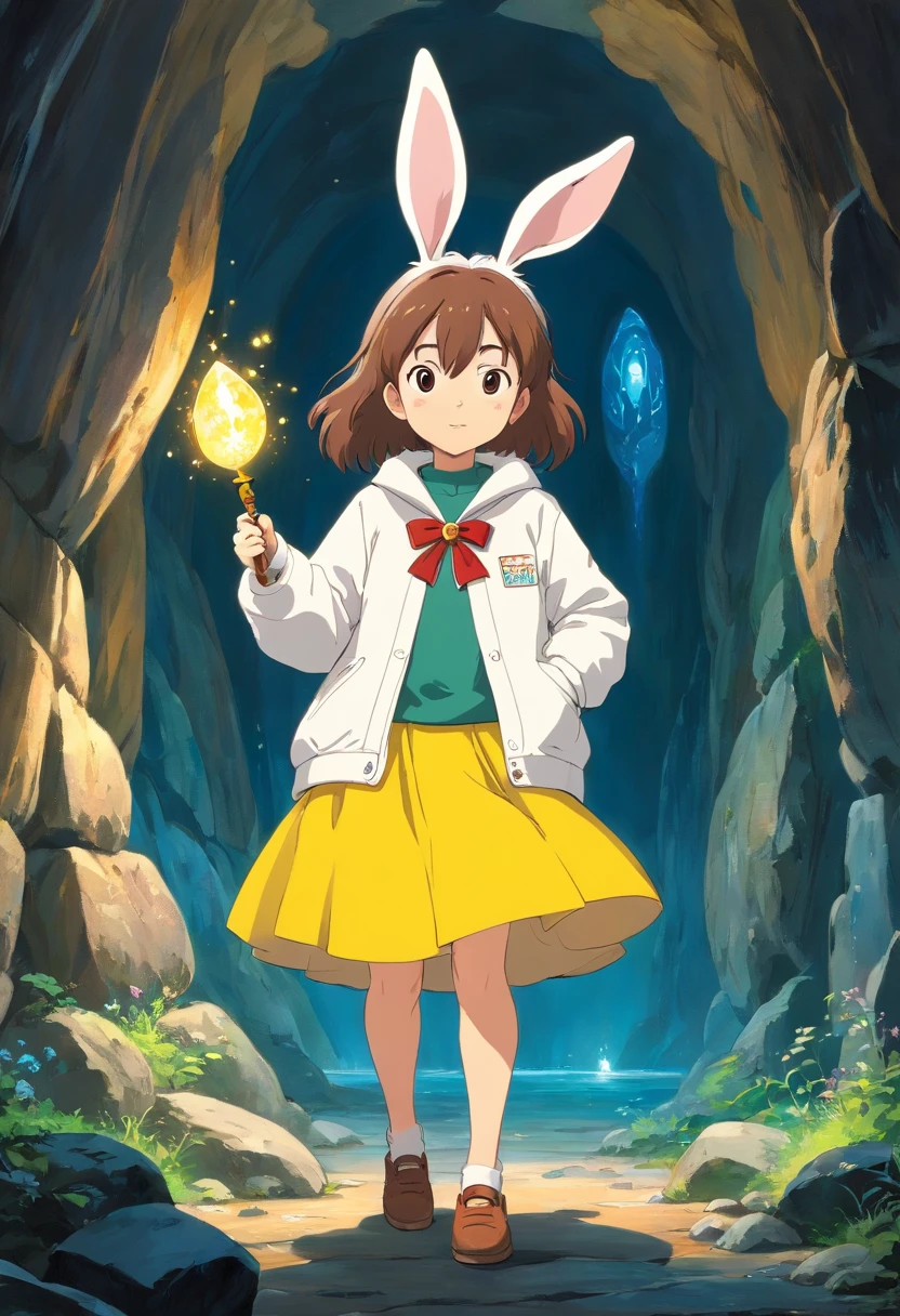 A bunny girl in a white jacket and yellow skirt stands in the depths of the cave,Standing with a wand in his hand,Beside her was a sparkling gem,miyazaki movie,The expression of a curious explorer, ghibli animated film, miyazaki movie, oil painting, detailed features, animate,The whole scene is dreamy and magical