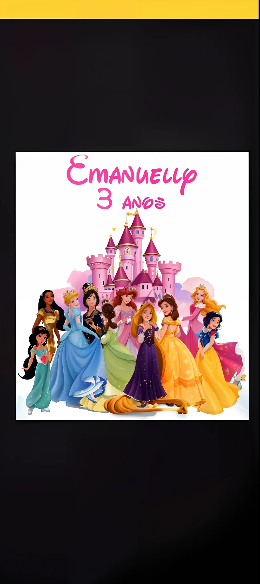 a close up of a picture of a group of princesses, illustration!, disney!!!!, illustration”, :3, disney princess, illustration », !!!!!!!!!!!!!!!!!!!!!!!!!, cr3, 🐿🍸🍋, disney!!, 3/4 profile, (), grand!, imane anys, 3945074687 , abaixo das imagem adicionar um gramado com os personagens pisando , Above next to the castle a blue sky with clouds, imagen melhor qualidade, Children's version, brilho pela imagem.