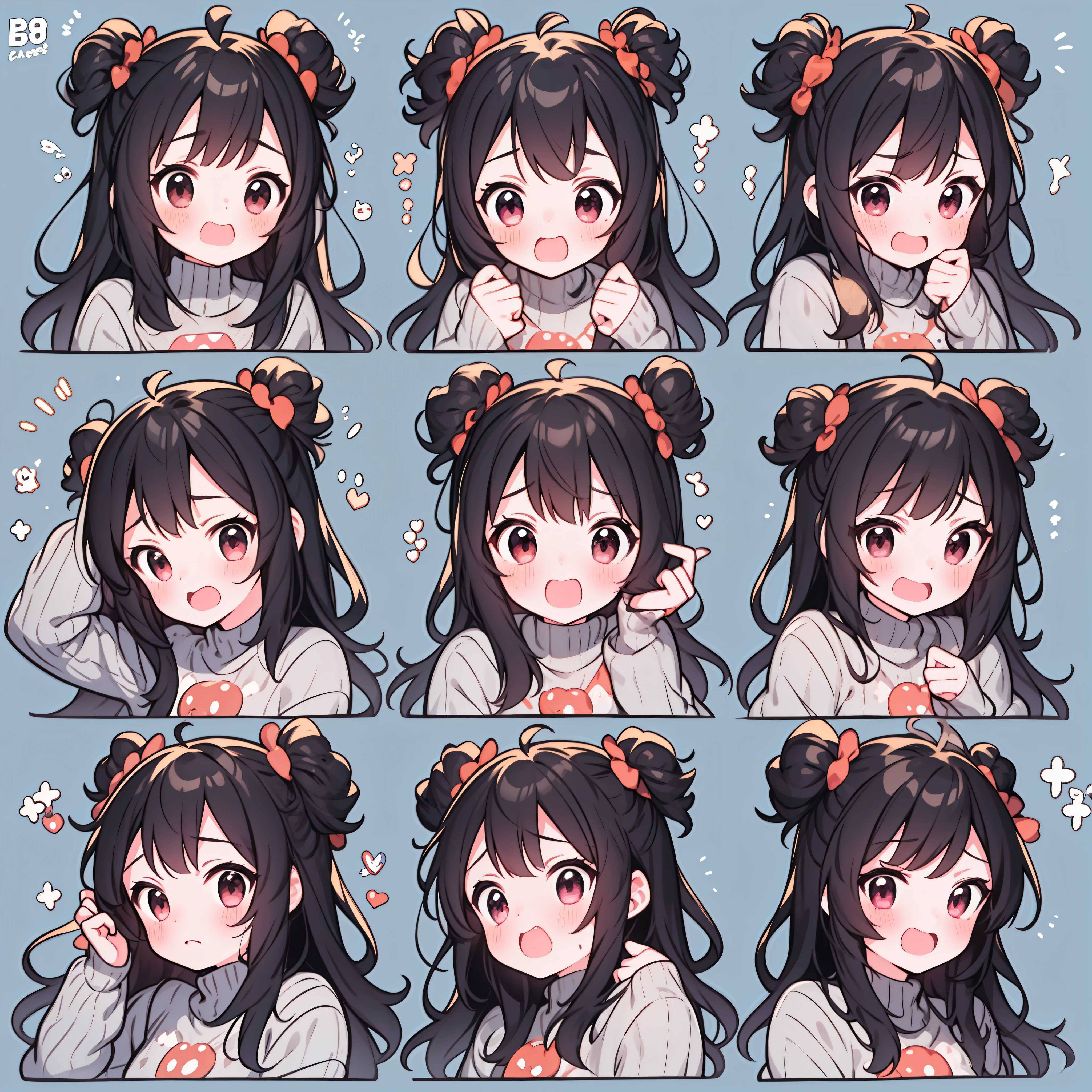 Cute girl avatar，emoji pack，Little devil，(9 emojis，emoji sheet，Align arrangement)，9 poses and expressions（Grieving，astonishment，having fun，excitement，big laughter，angry，doubt，Touch your head，Sell moe, wait），Anthropomorphic style，Disney style，Black strokes，Different emotions，9 poses and expressions，8K