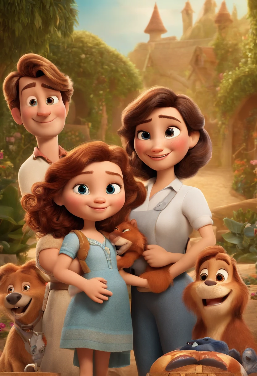 a Disney Pixar movie poster showing a white-skinned family. The father is the tallest, Tem barba curta, loiro, cabelos curtos e espinhosos. The mother has brown eyes and hair, shoulder-length and is slightly overweight. A  tem 4 anos e cabelos castanhos, roupa rosa e rabos de cavalo. The background is a beach garden. 3D-rendering