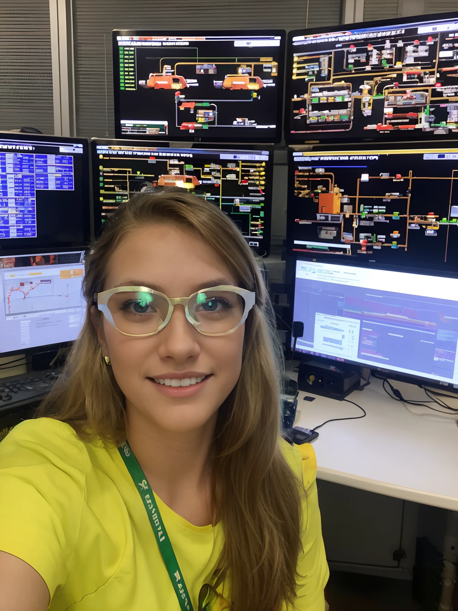 Disney pixar character, oil rig operator in a control room with blond hair and brown eyes, glasses operating a Petrobras oil rig with yellow shirt and green Petrobras badge